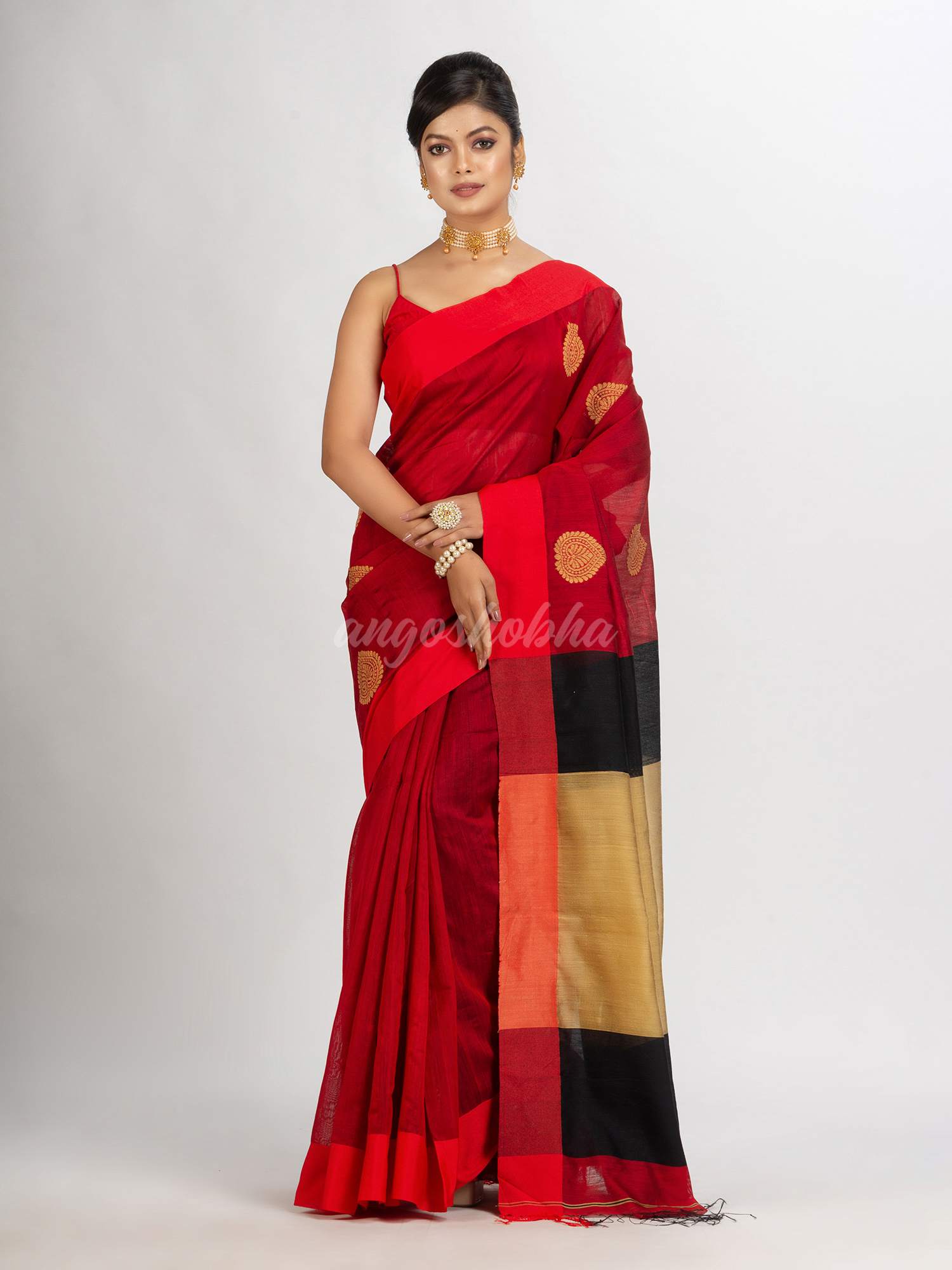 Red Cotton Blend Handloom Jacquard handloom Saree