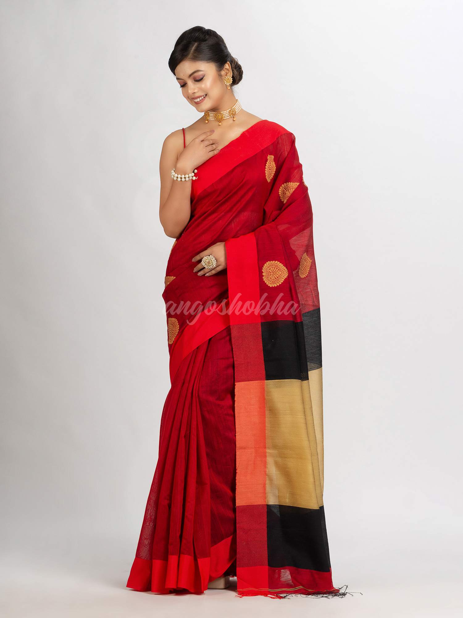 Red Cotton Blend Handloom Jacquard handloom Saree