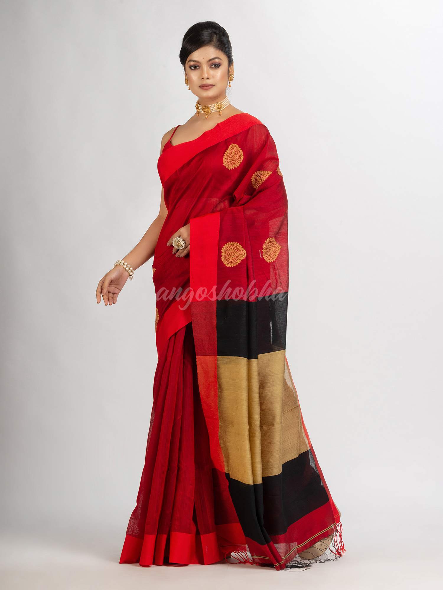 Red Cotton Blend Handloom Jacquard handloom Saree