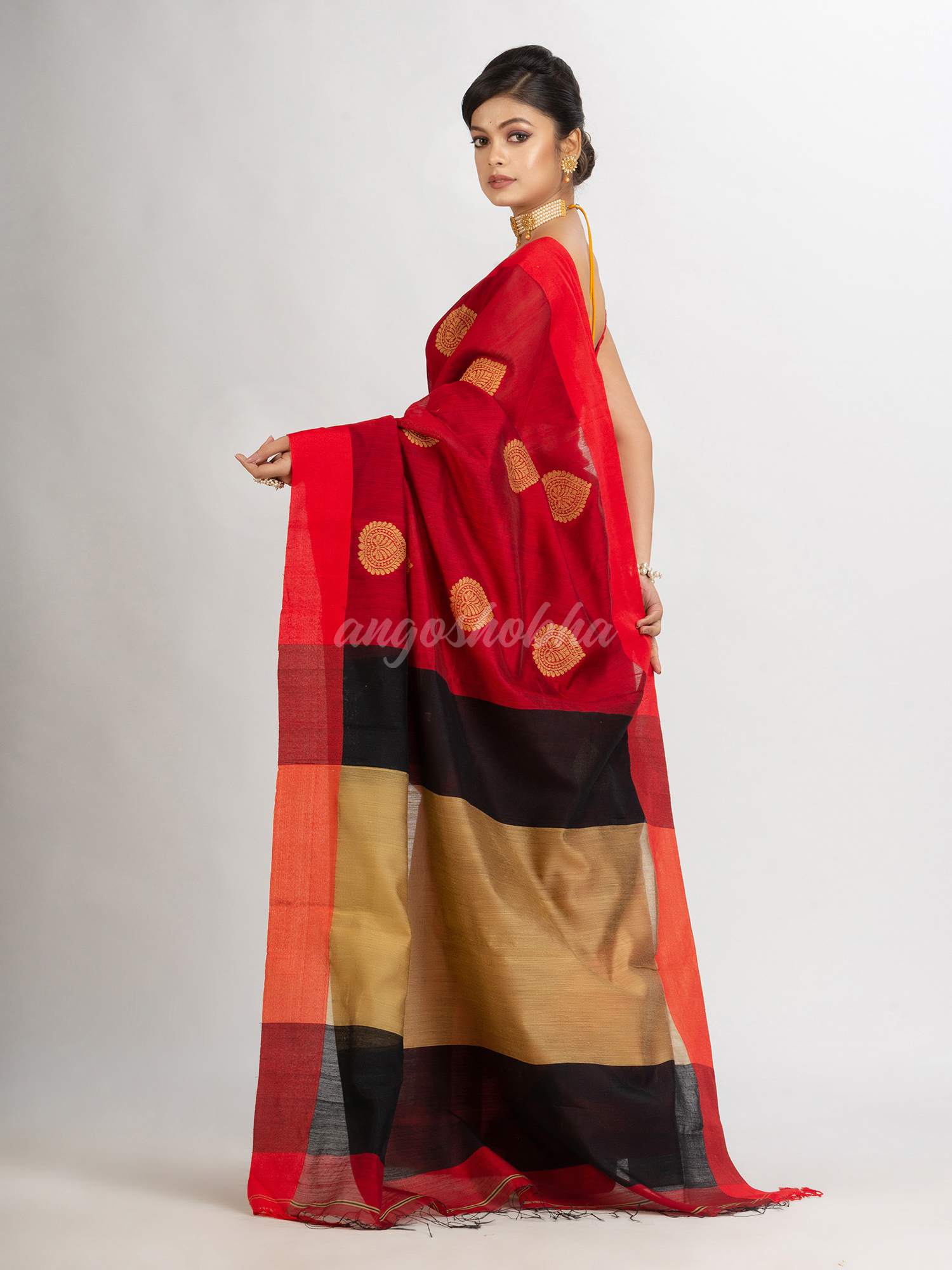 Red Cotton Blend Handloom Jacquard handloom Saree