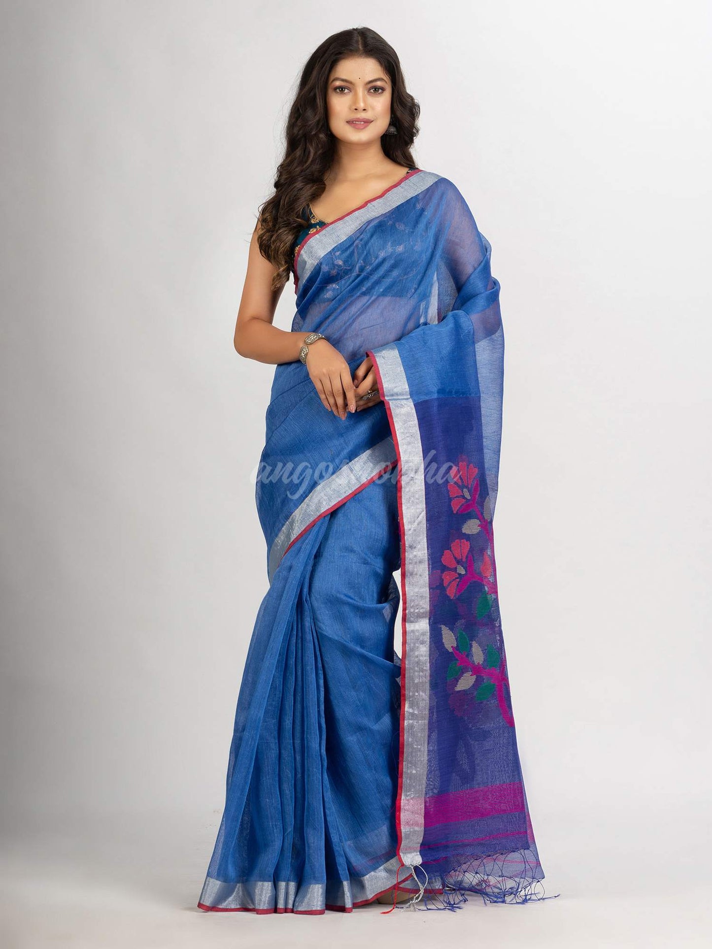 Blue Handwoven Bamper Linen Jamdani handloom saree