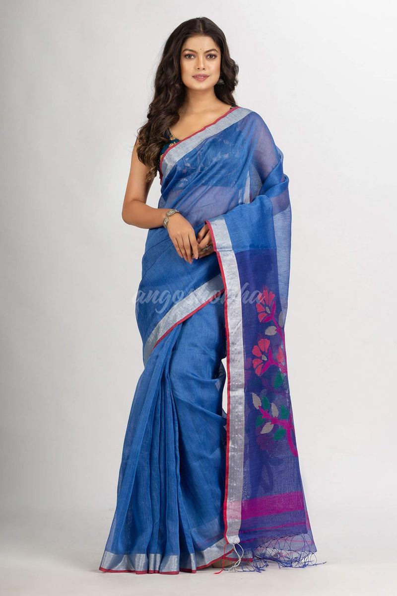 Blue Handwoven Bamper Linen Jamdani handloom saree