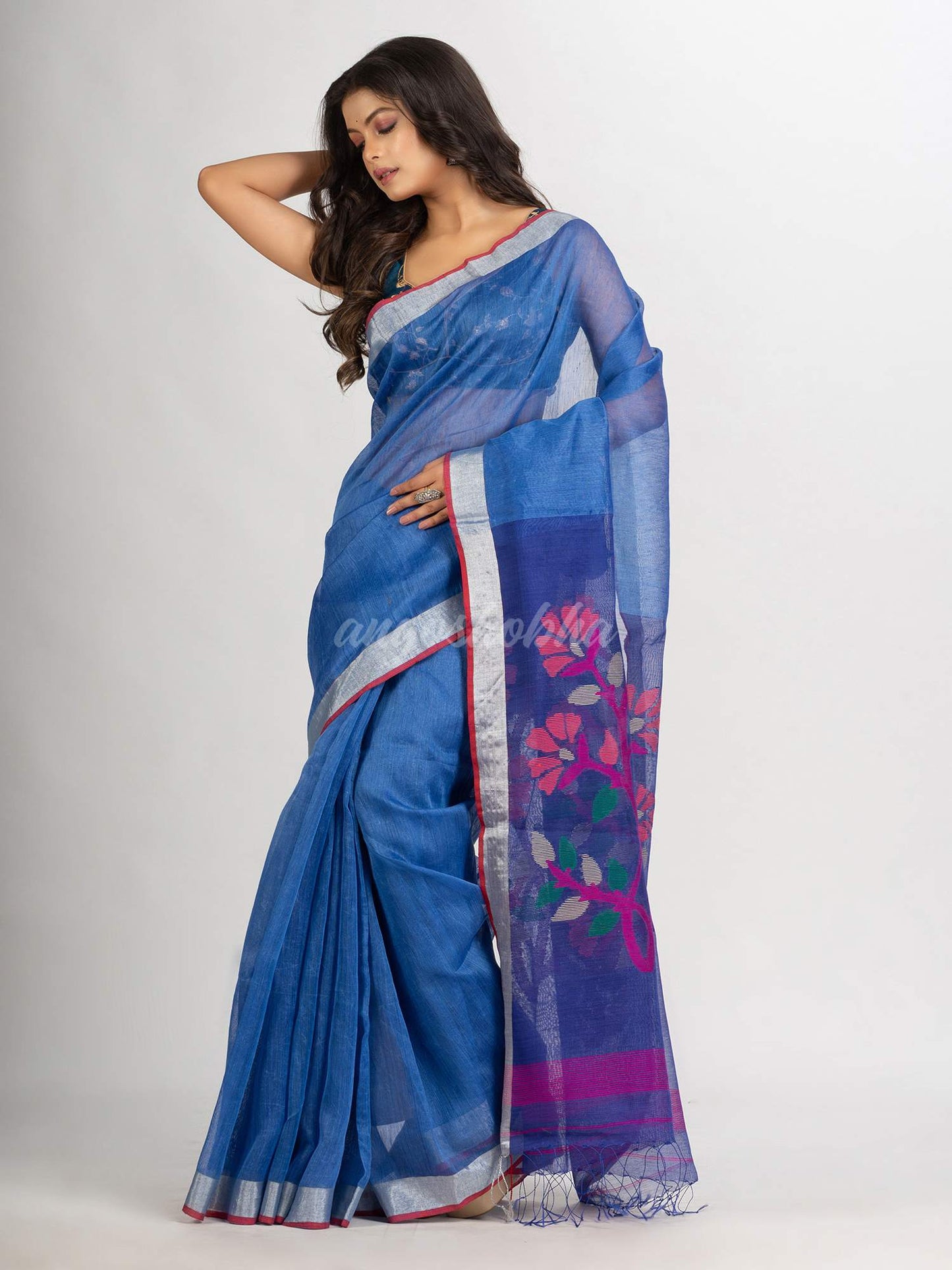 Blue Handwoven Bamper Linen Jamdani handloom saree