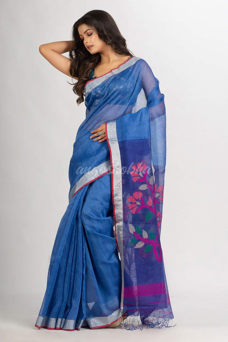 Blue Handwoven Bamper Linen Jamdani handloom saree