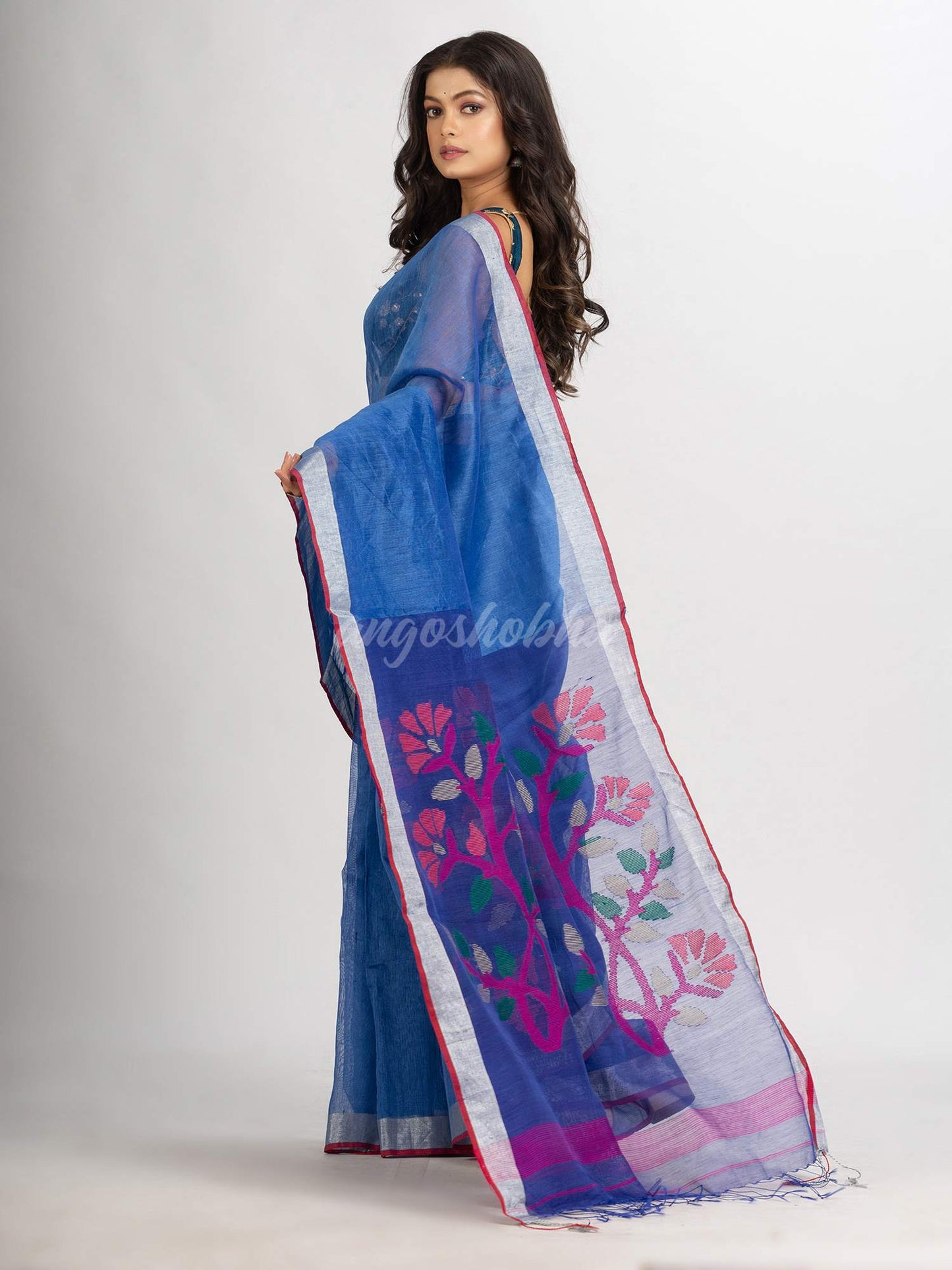 Blue Handwoven Bamper Linen Jamdani handloom saree