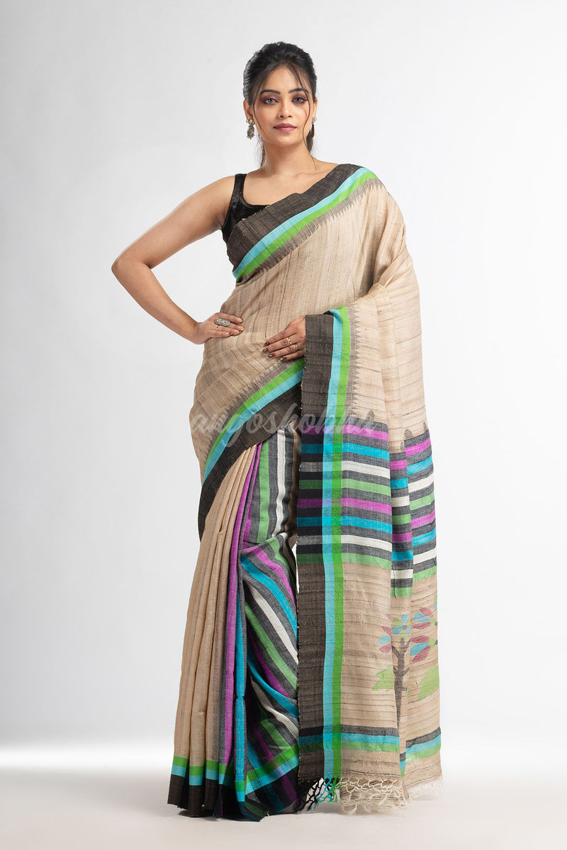 Ghicha multi color kuchi with jamdani pallu in temple border cotton ghicha handwoven saree