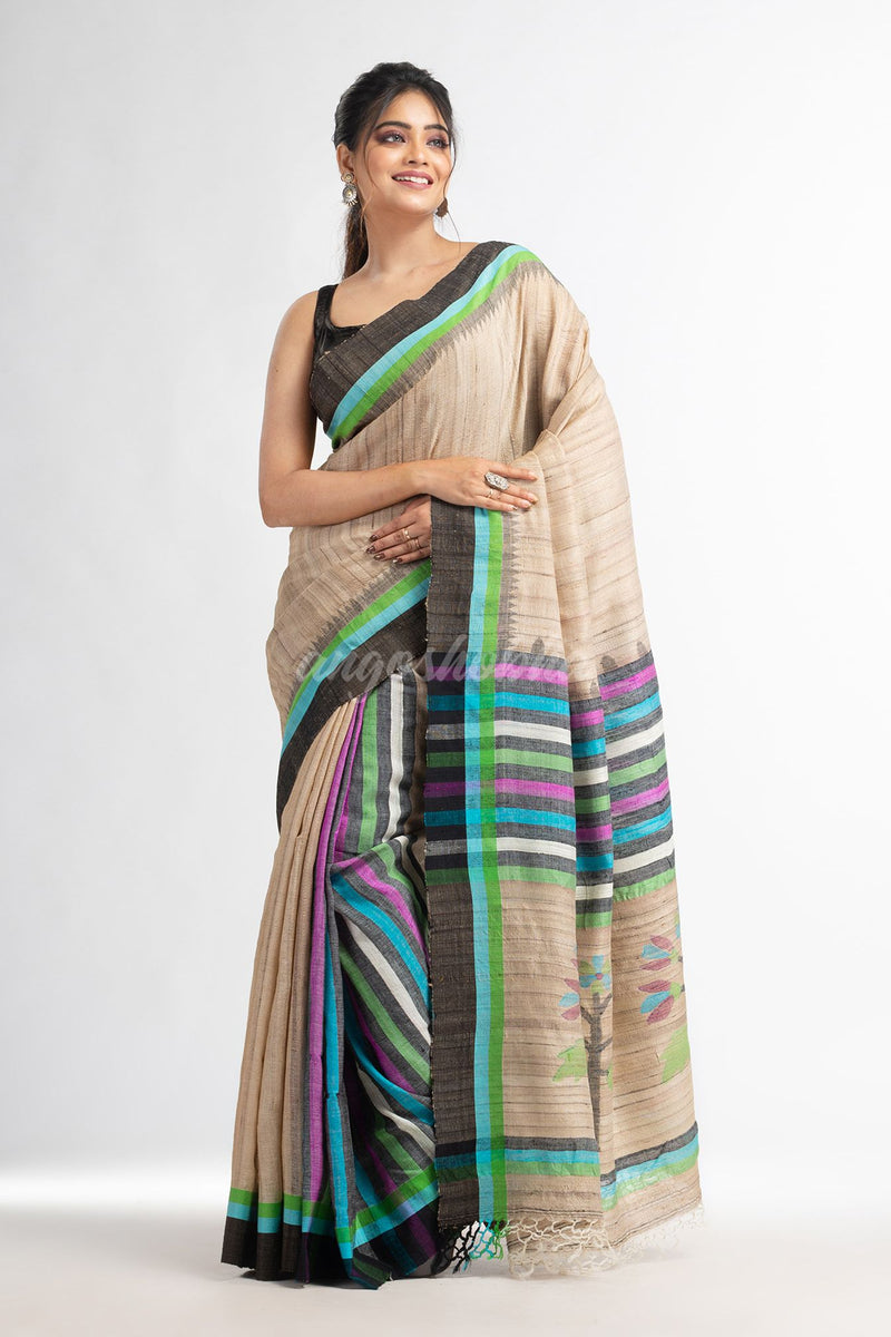 Ghicha multi color kuchi with jamdani pallu in temple border cotton ghicha handwoven saree