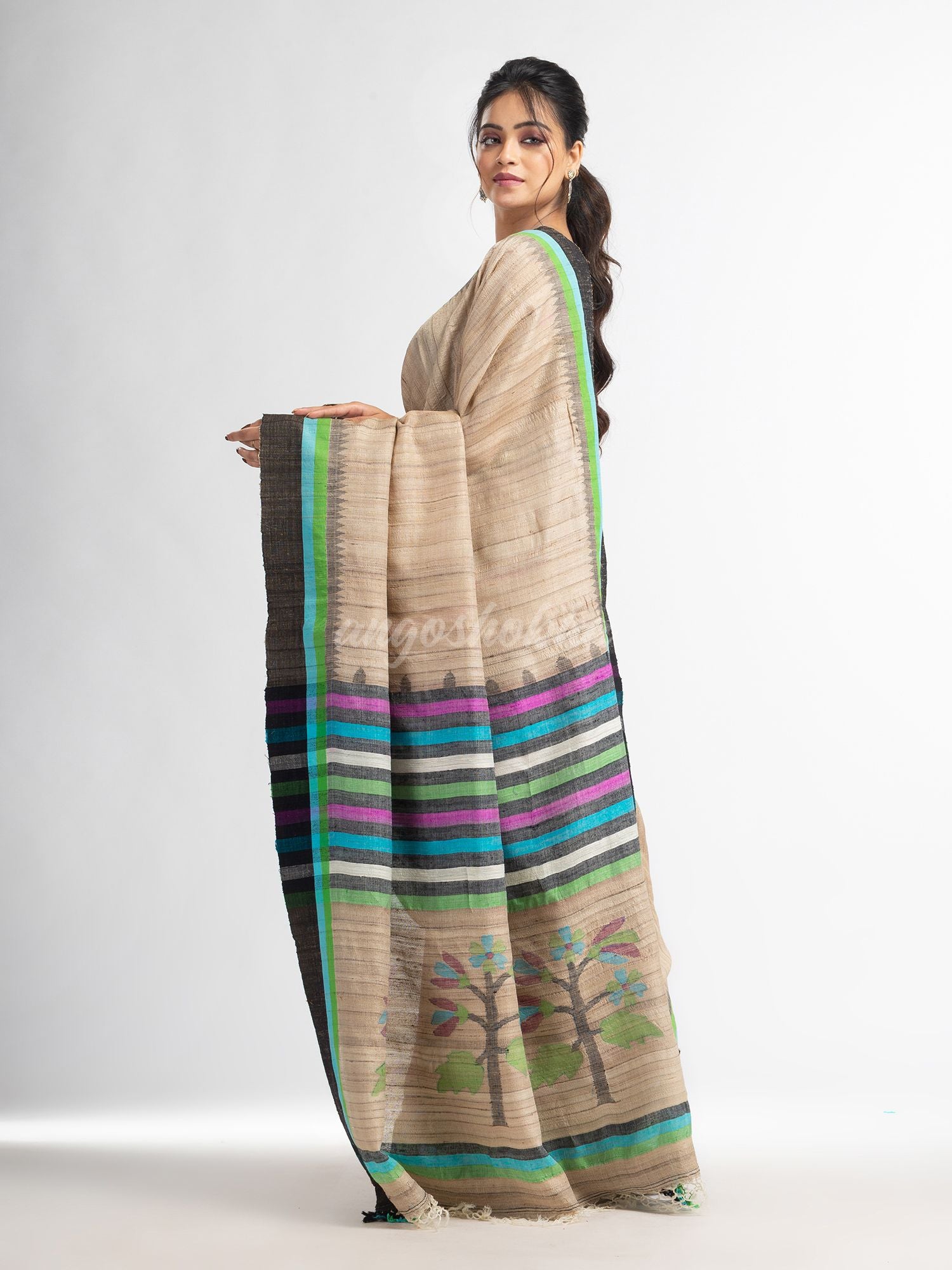 Ghicha multi color kuchi with jamdani pallu in temple border cotton ghicha handwoven saree