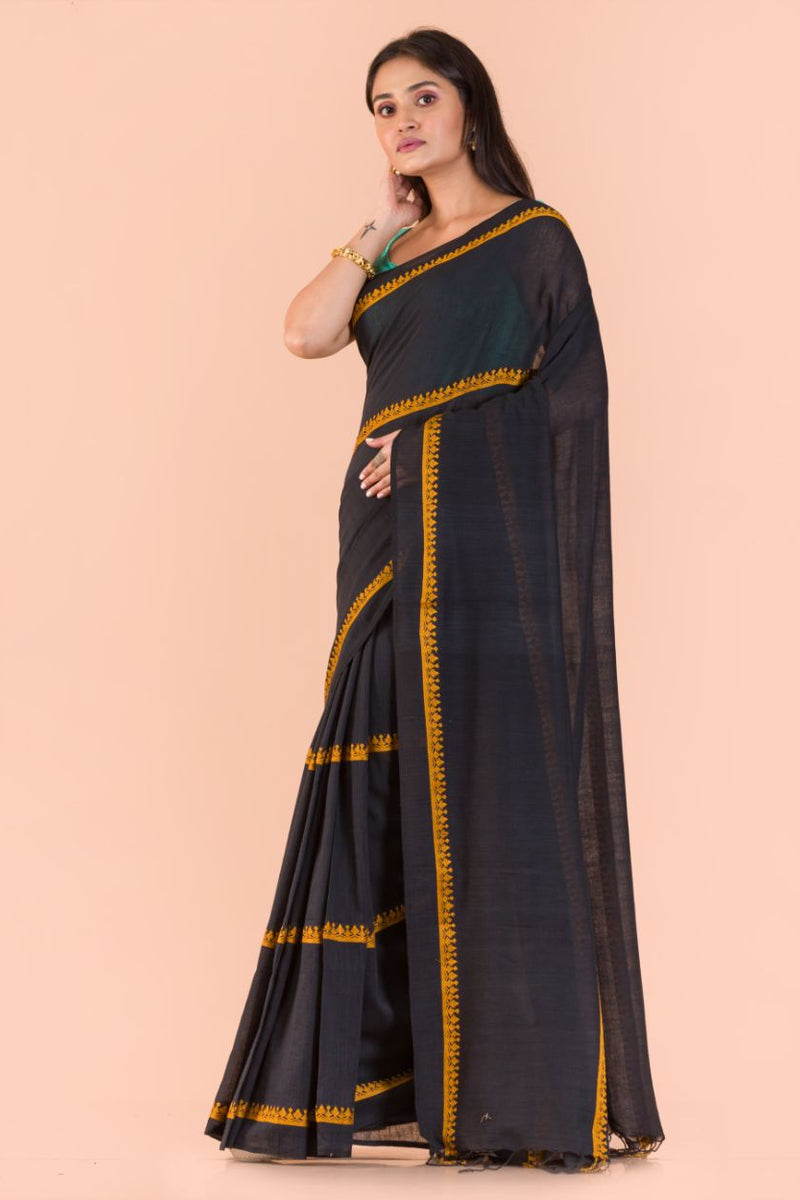Black and yellow handwoven bengal cotton saree
