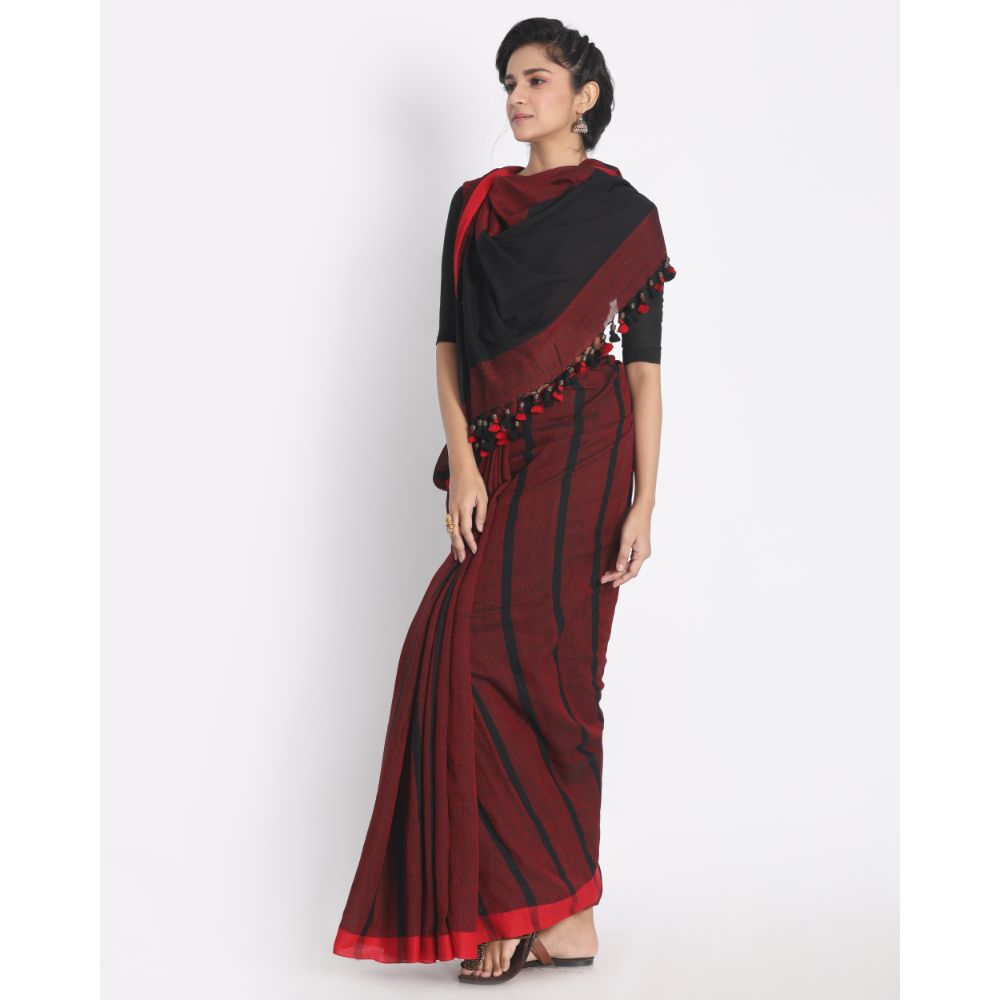All Over Jacquard Work Maroon Black Check Cotton Saree