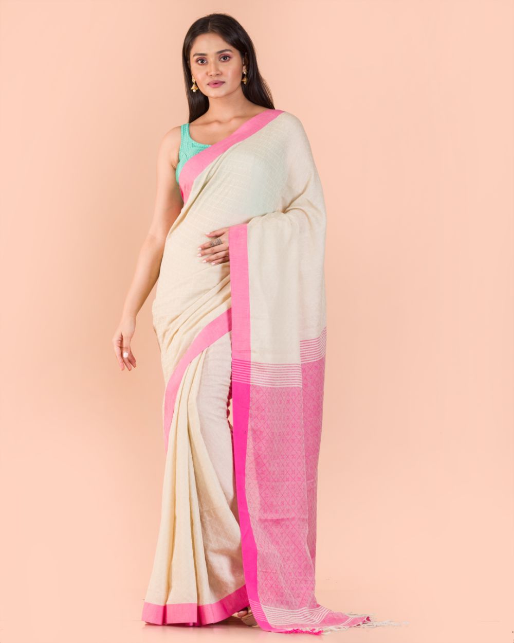 Cream pink handwoven bengal cotton saree