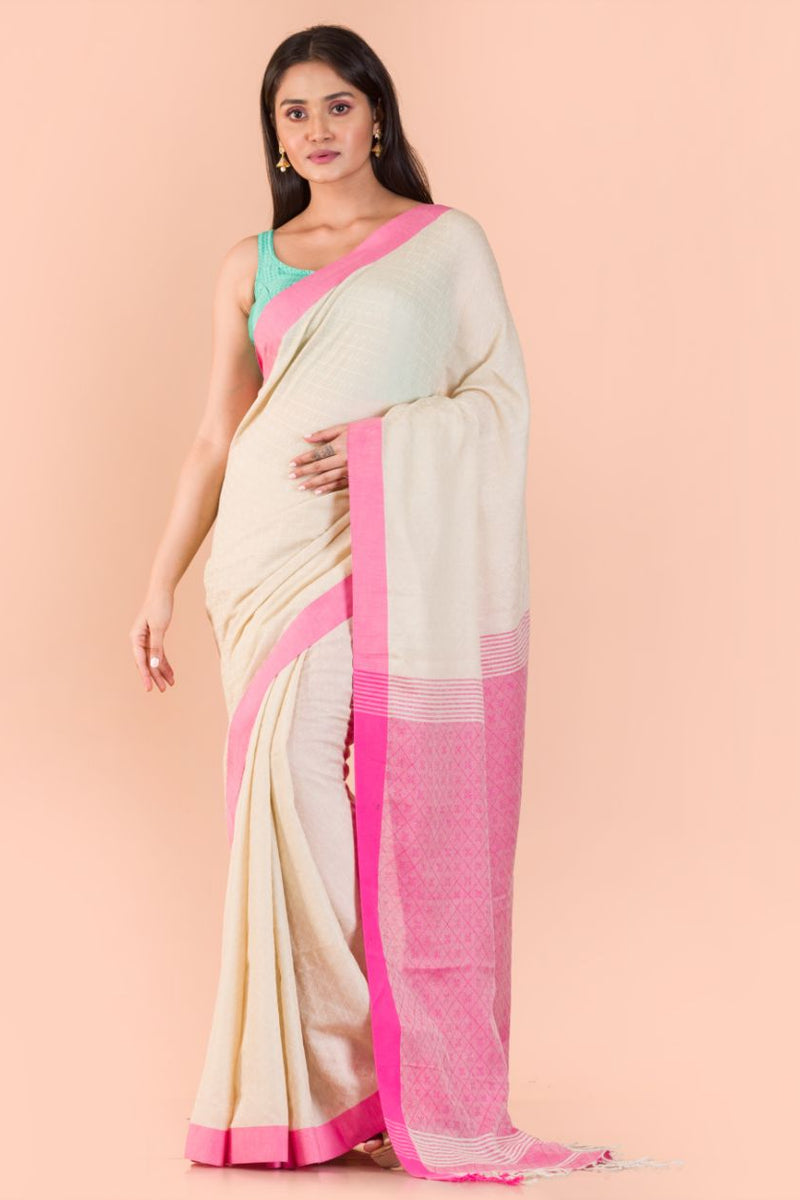 Cream pink handwoven bengal cotton saree