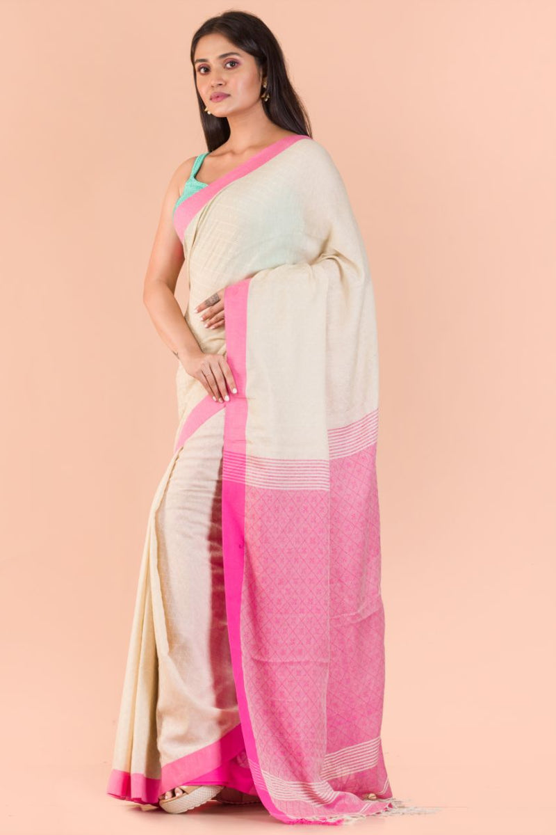 Cream pink handwoven bengal cotton saree