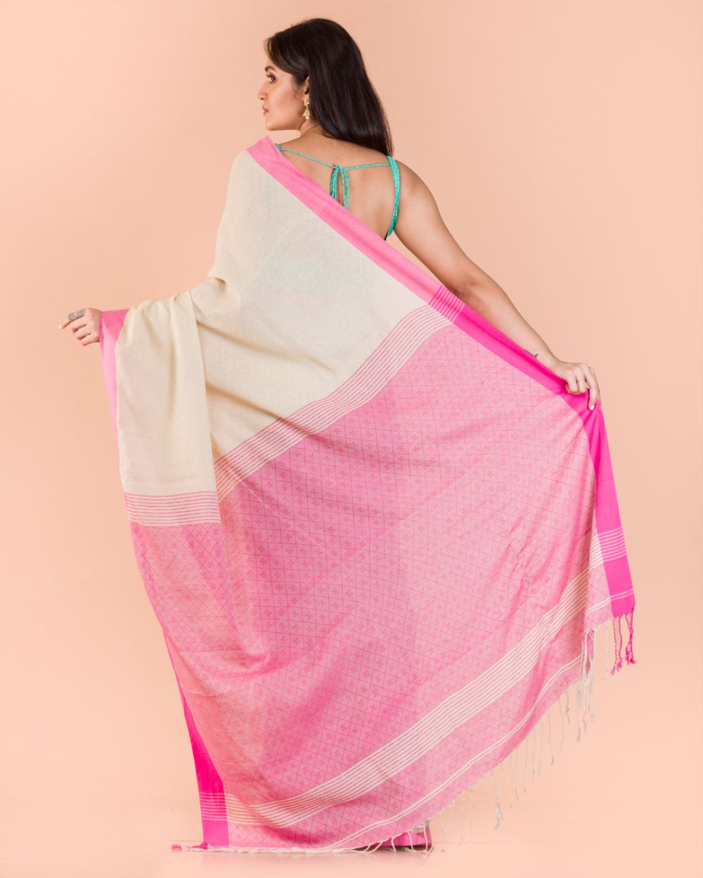 Cream pink handwoven bengal cotton saree