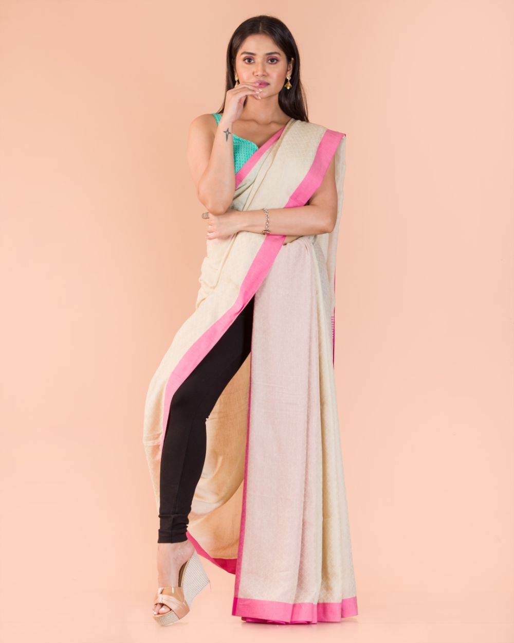 Cream pink handwoven bengal cotton saree