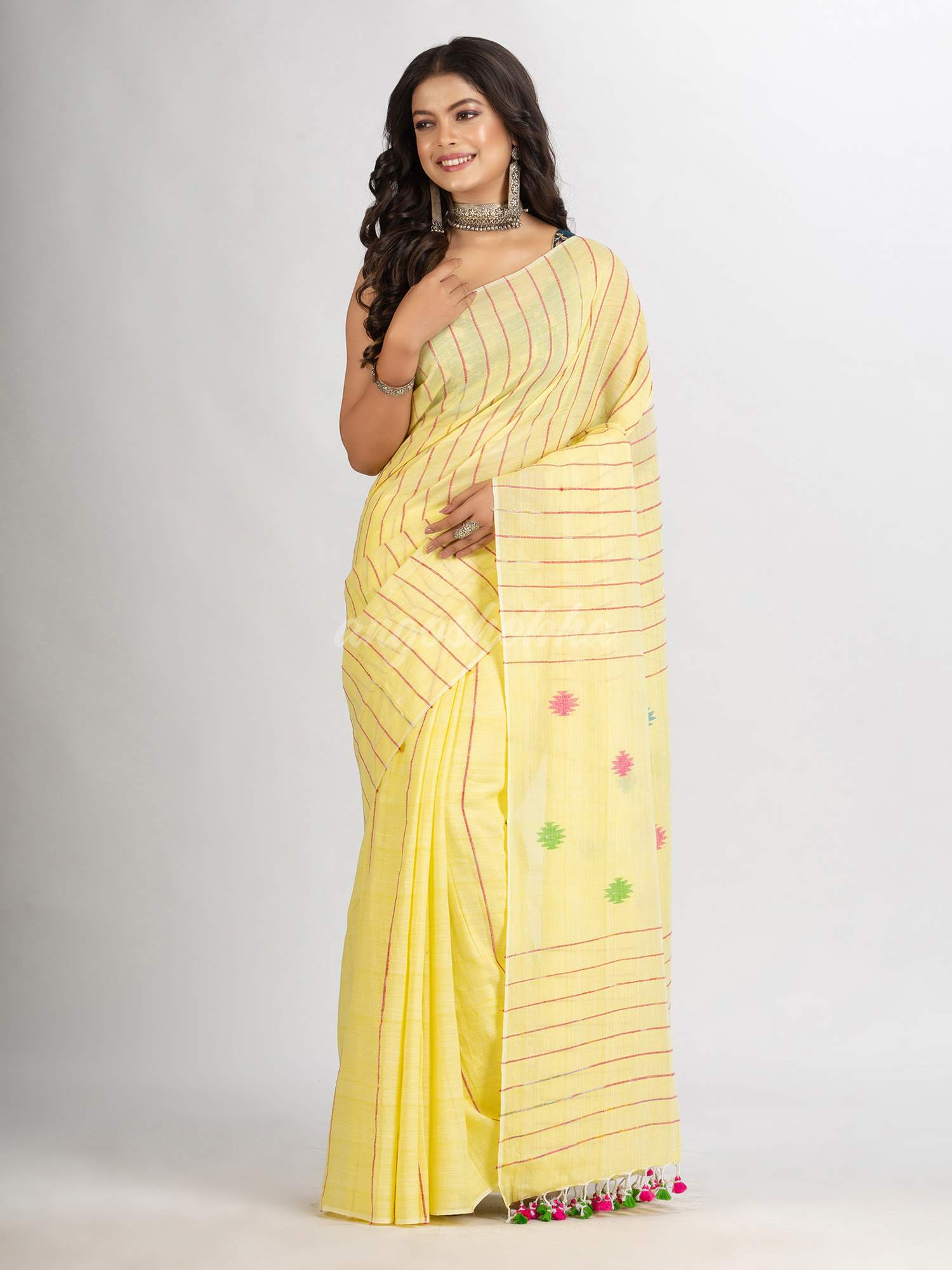 Yellow Red Handwoven Cotton Jamdani handloom Saree