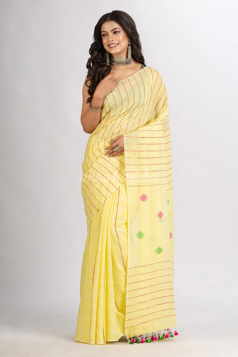 Yellow Red Handwoven Cotton Jamdani handloom Saree