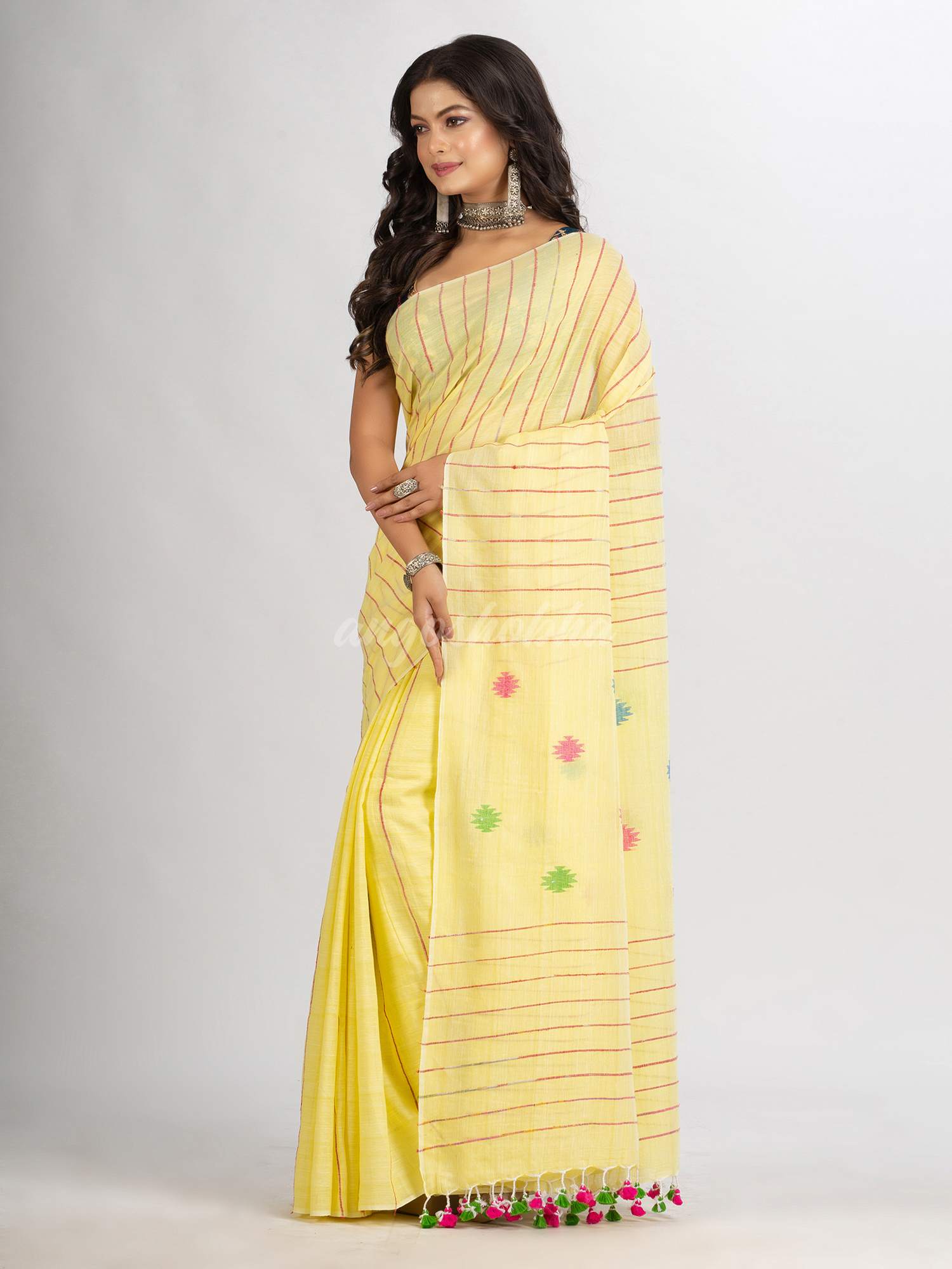 Yellow Red Handwoven Cotton Jamdani handloom Saree