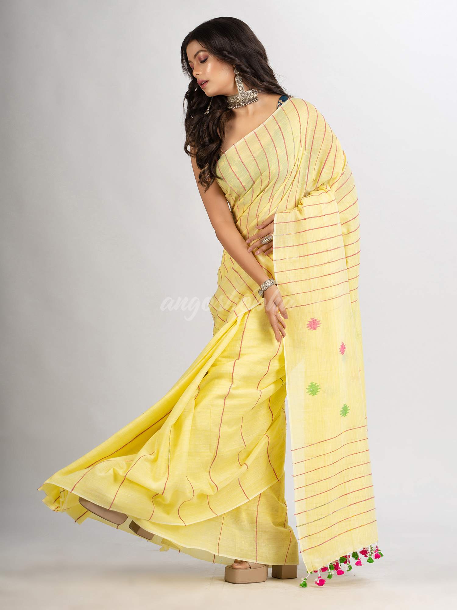 Yellow Red Handwoven Cotton Jamdani handloom Saree