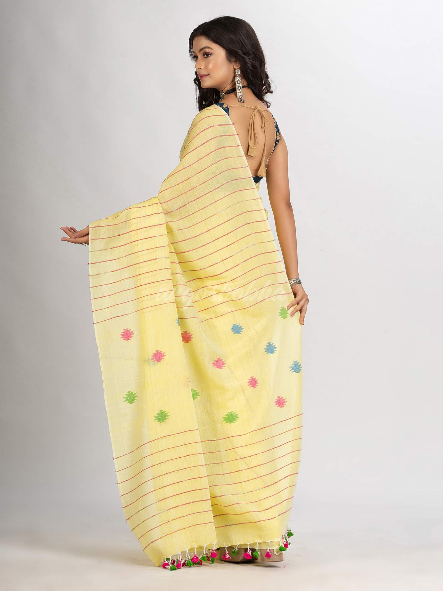 Yellow Red Handwoven Cotton Jamdani handloom Saree