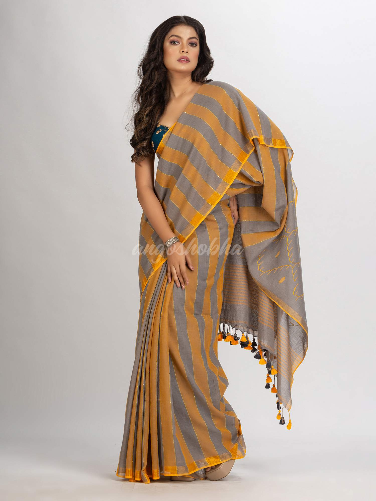 Gold Steel Stipe Handwoven Cotton Jamdani handloom Saree