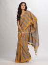 Gold Steel Stipe Handwoven Cotton Jamdani handloom Saree
