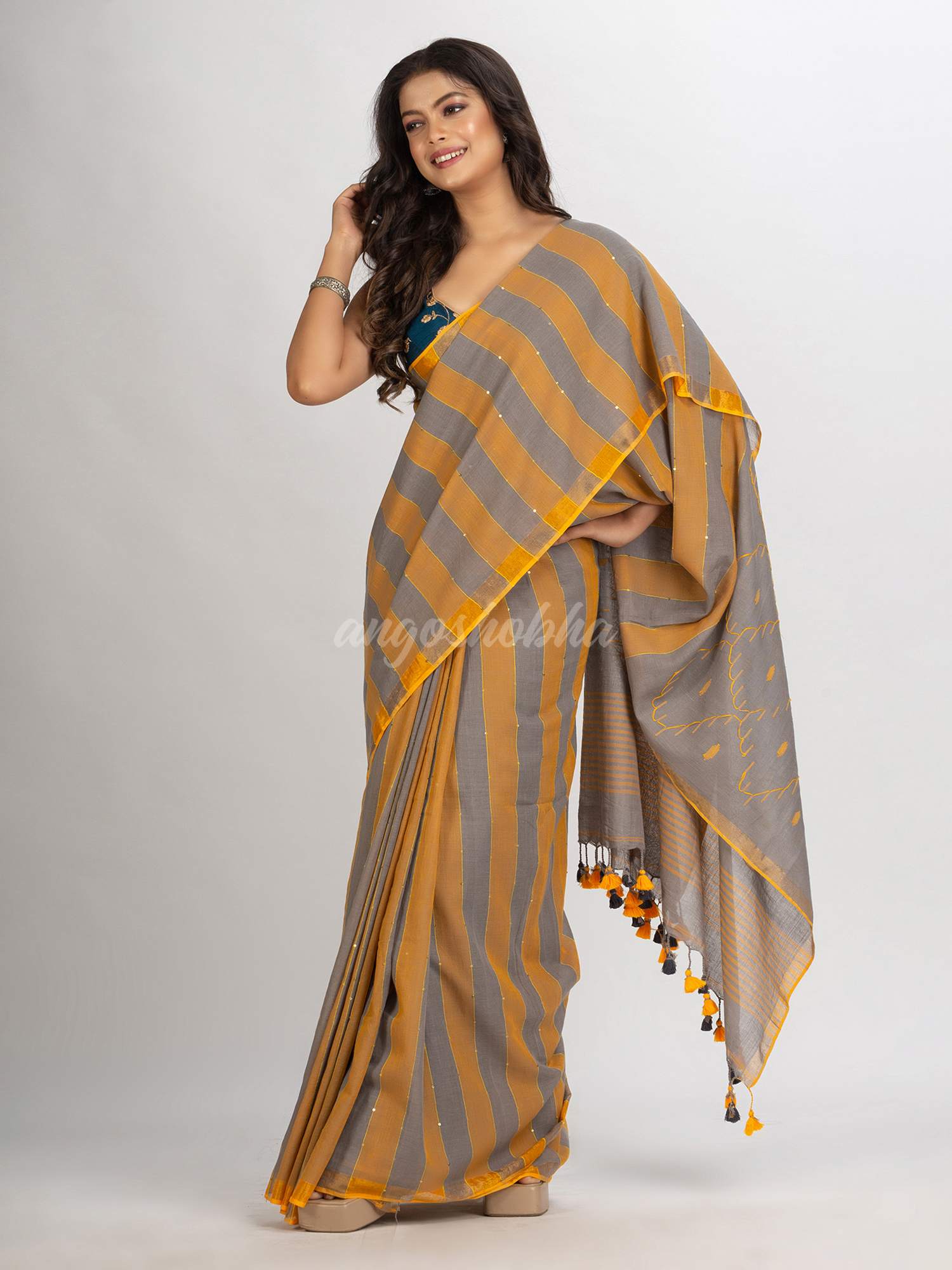 Gold Steel Stipe Handwoven Cotton Jamdani handloom Saree