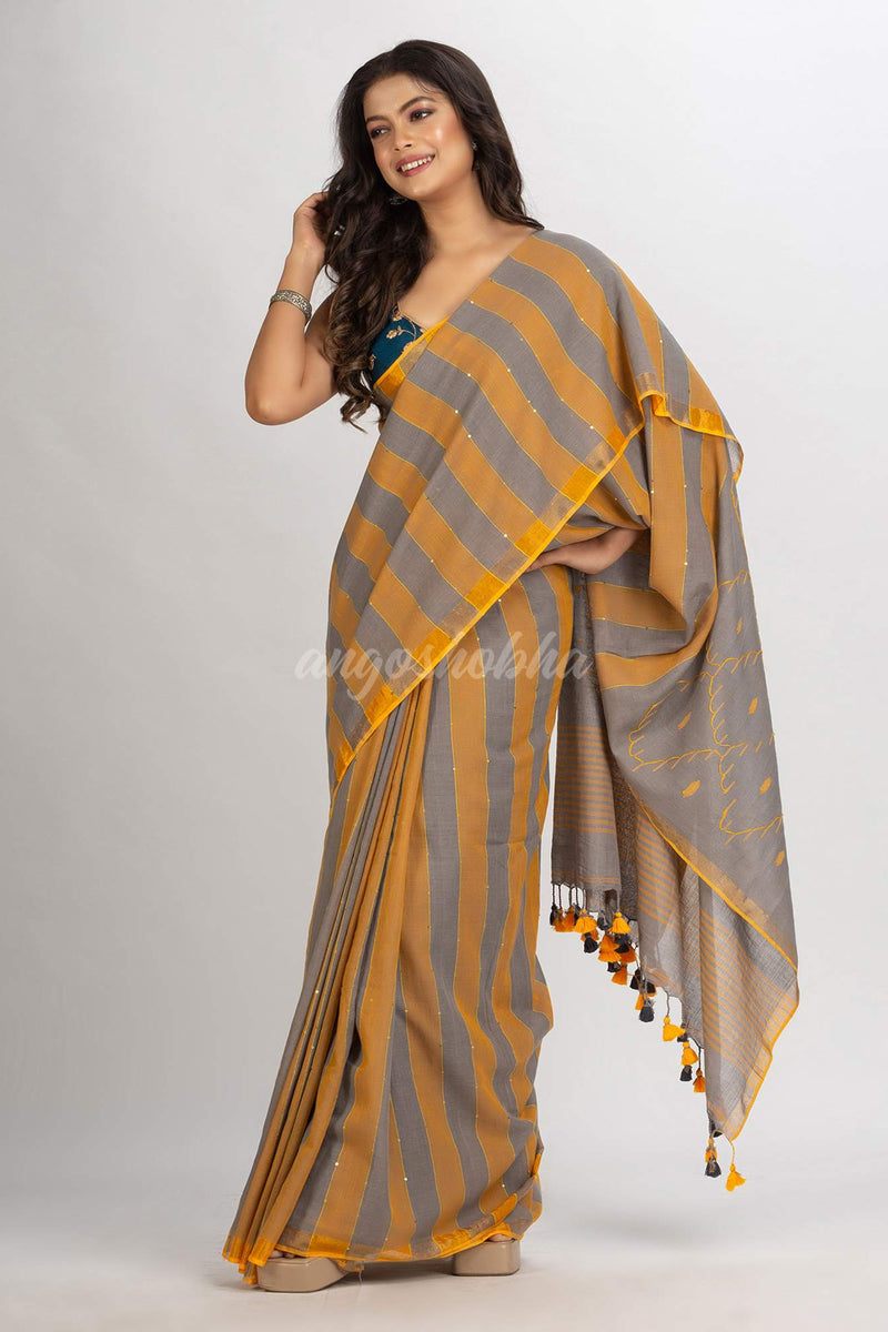 Gold Steel Stipe Handwoven Cotton Jamdani handloom Saree