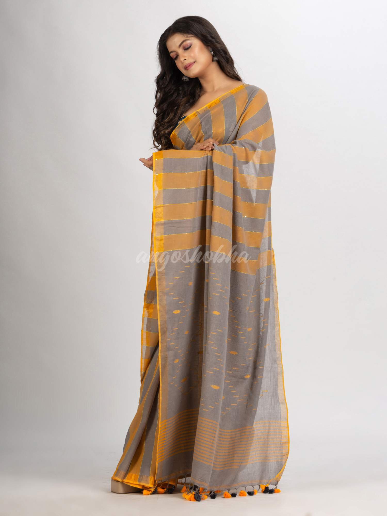 Gold Steel Stipe Handwoven Cotton Jamdani handloom Saree