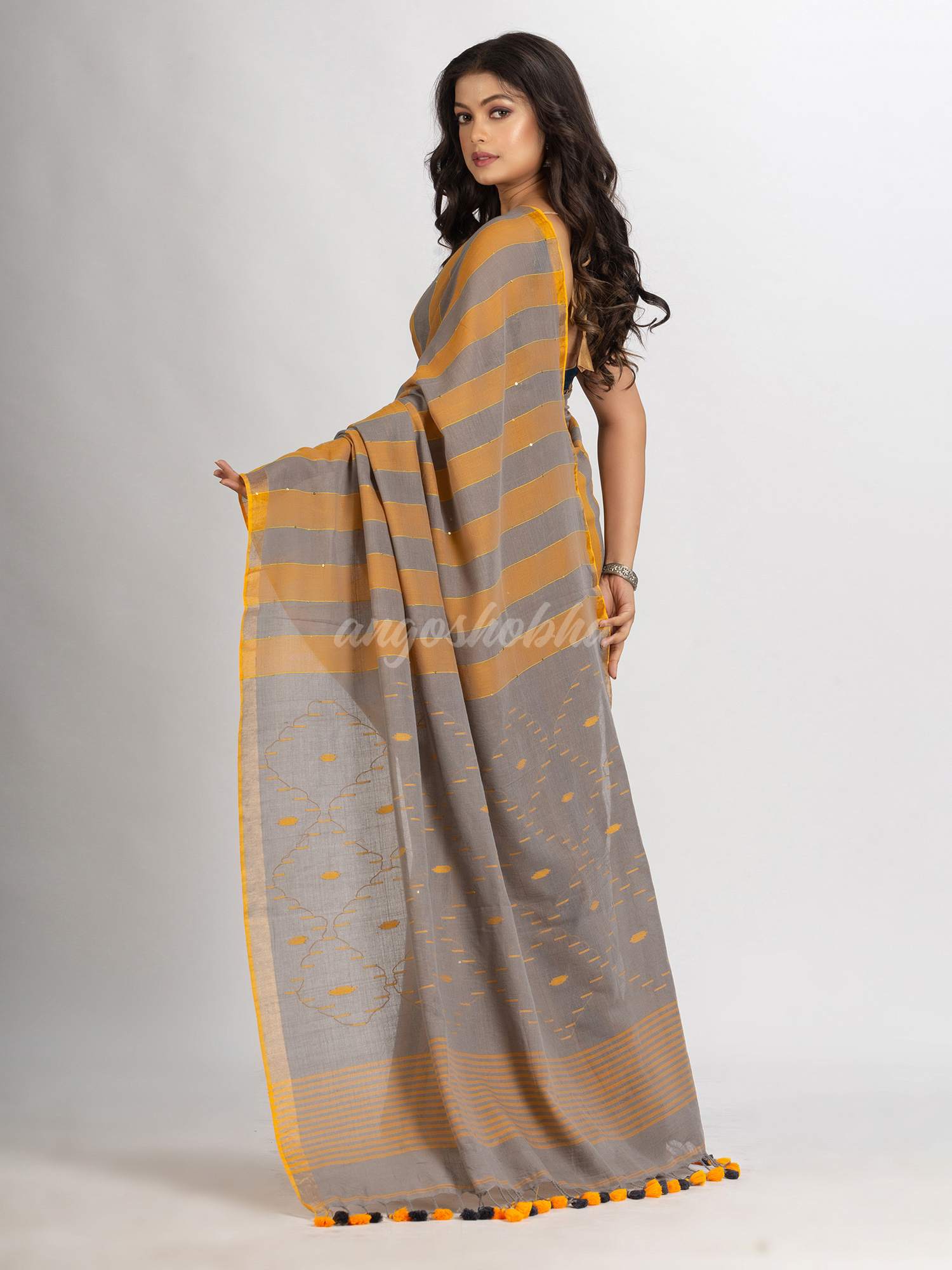 Gold Steel Stipe Handwoven Cotton Jamdani handloom Saree