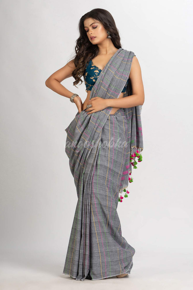 Gray Handwoven Cotton Jamdani handloom Saree