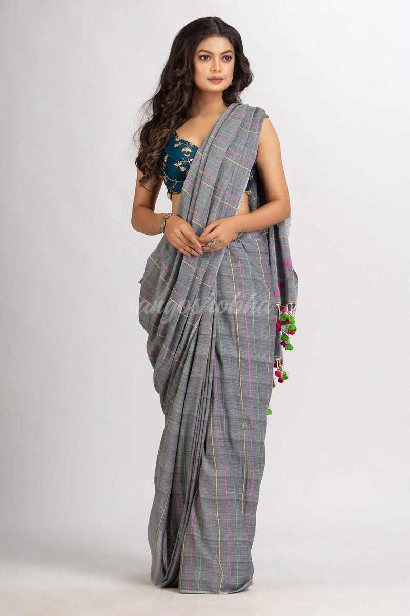 Gray Handwoven Cotton Jamdani handloom Saree