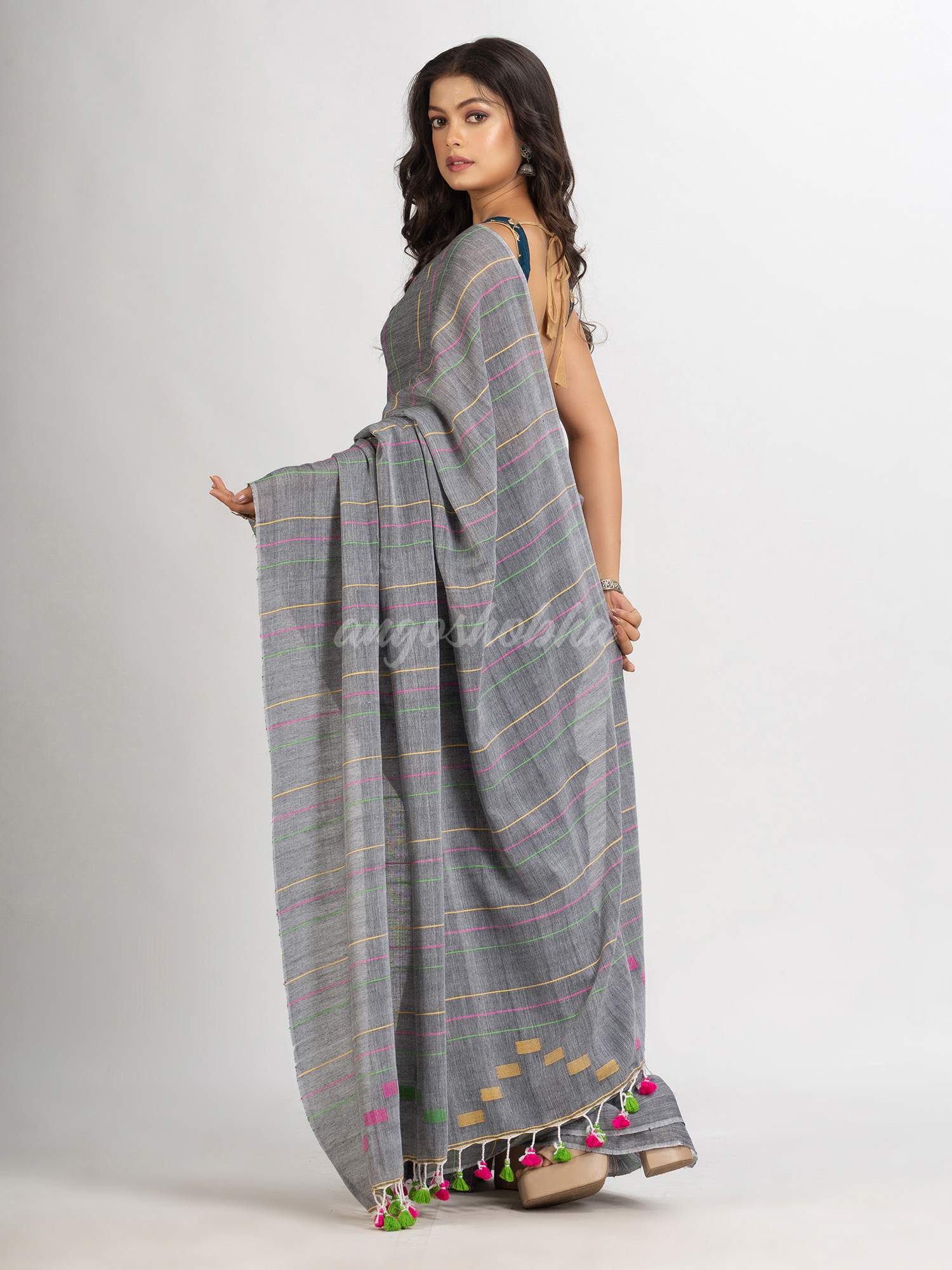 Gray Handwoven Cotton Jamdani handloom Saree
