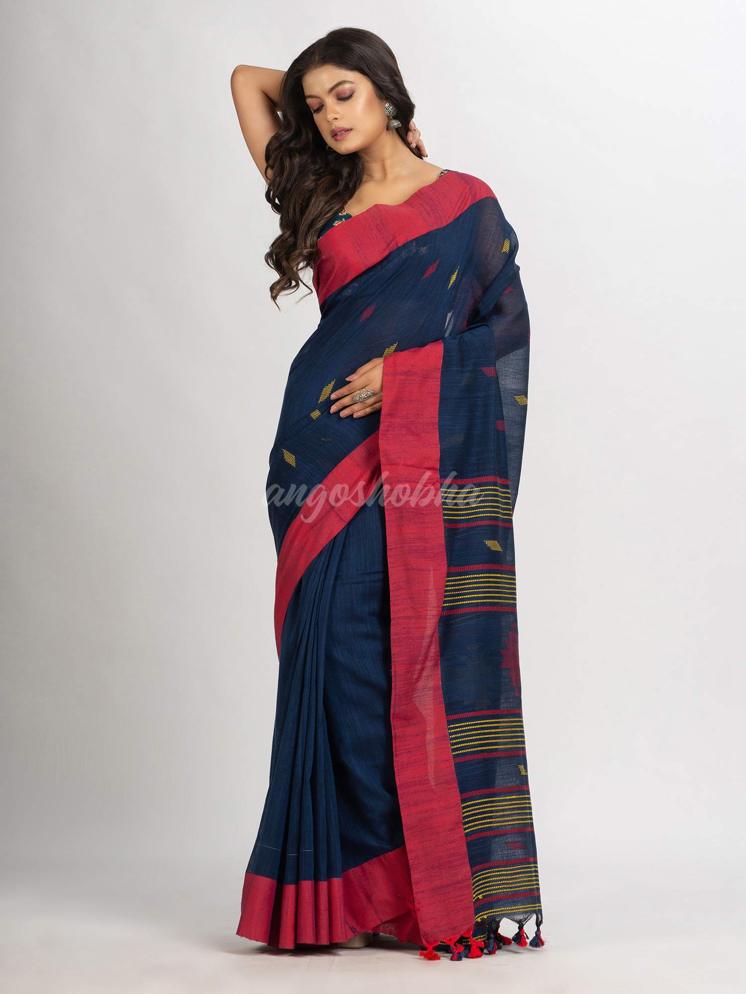 Navy Blue Handwoven Cotton Jamdani handloom Saree