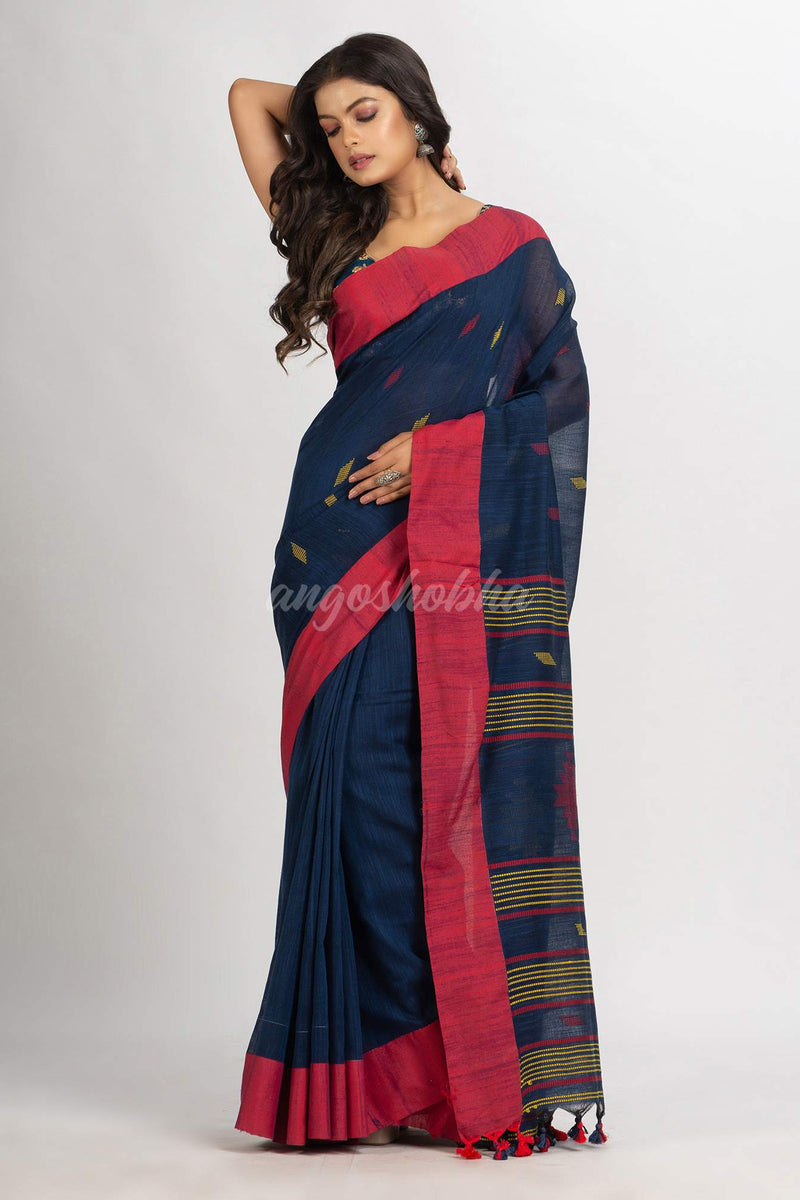 Navy Blue Handwoven Cotton Jamdani handloom Saree