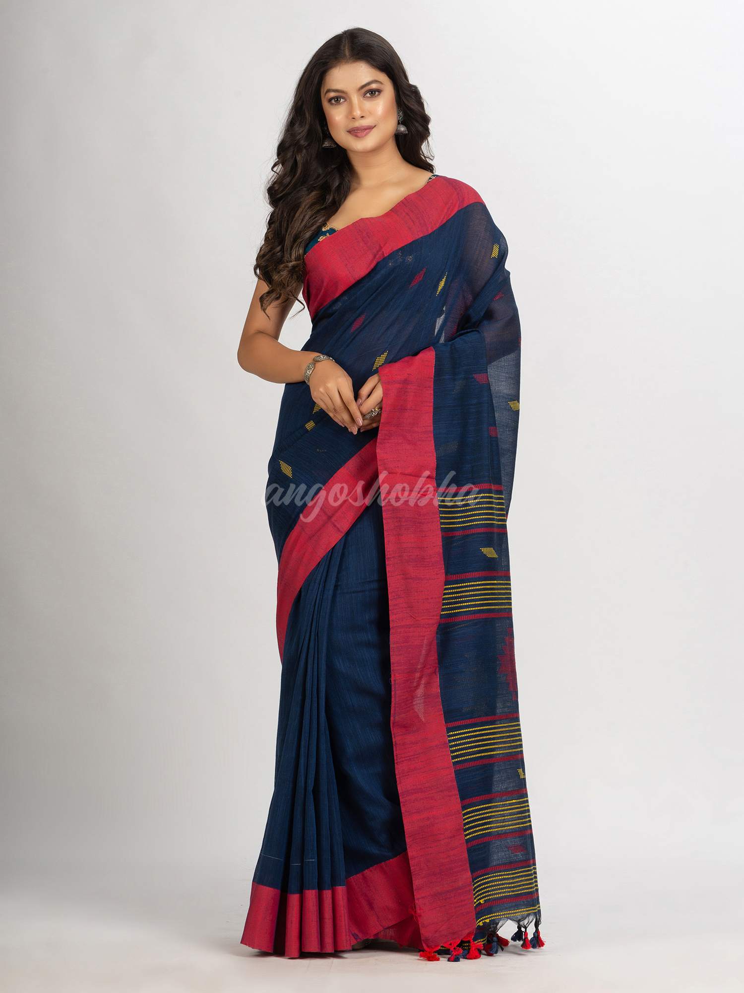 Navy Blue Handwoven Cotton Jamdani handloom Saree