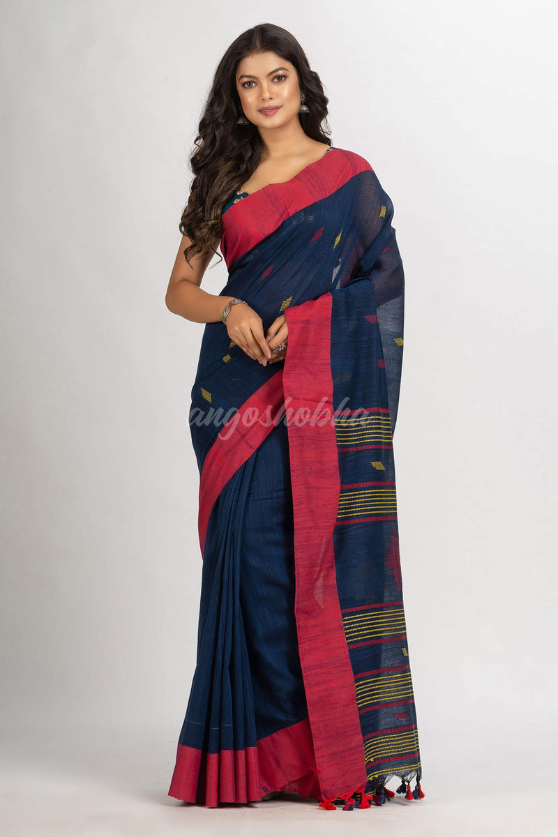 Navy Blue Handwoven Cotton Jamdani handloom Saree