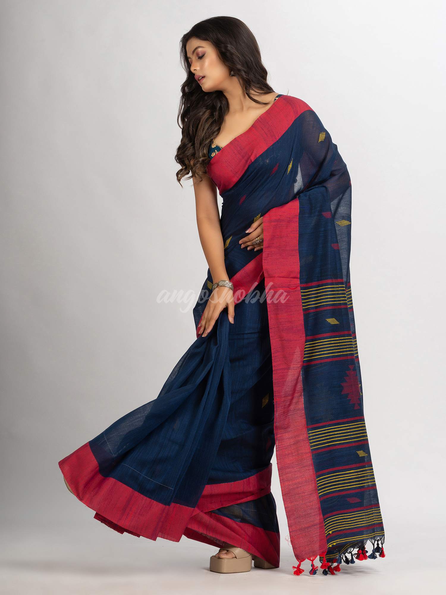 Navy Blue Handwoven Cotton Jamdani handloom Saree