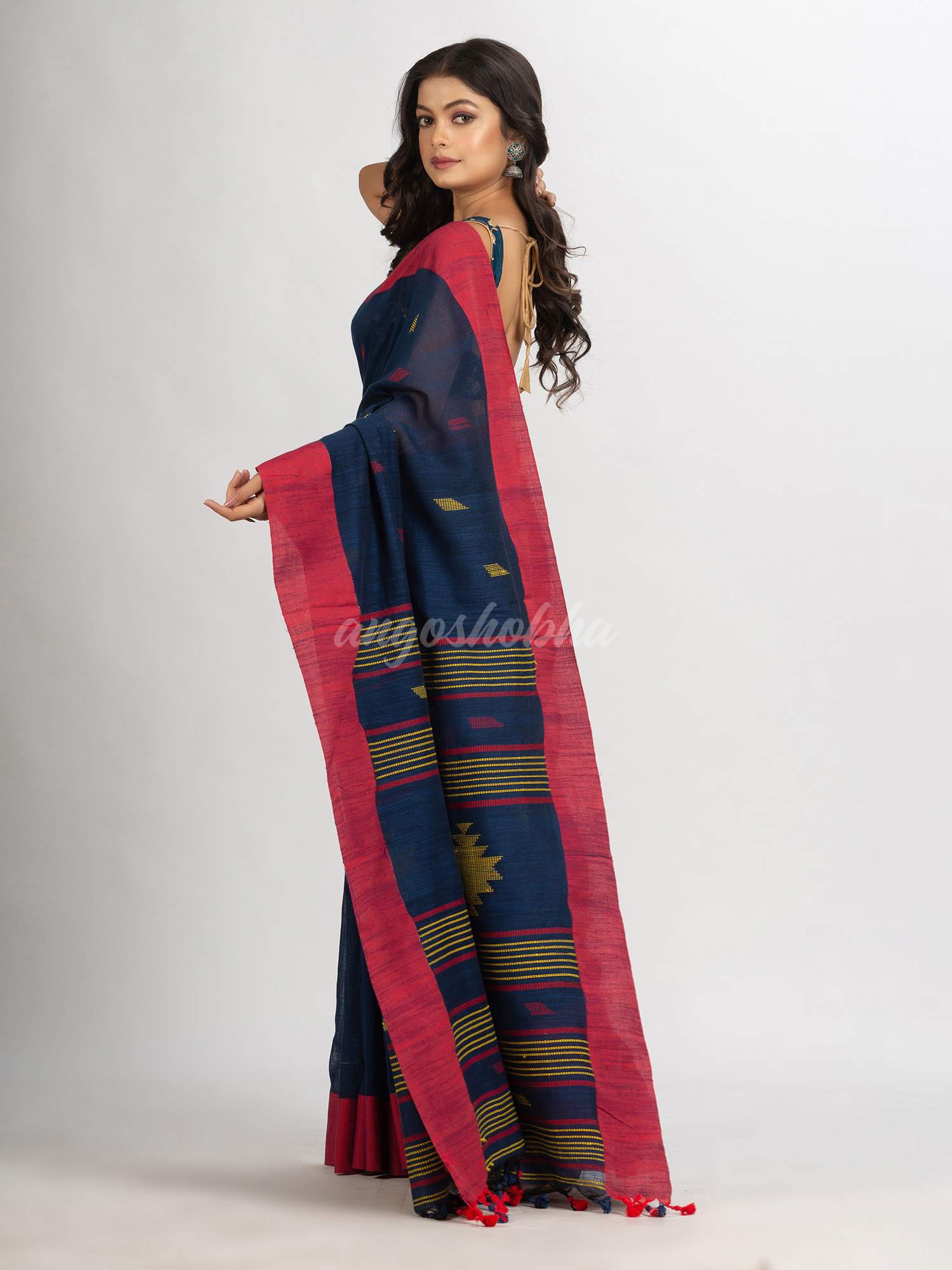Navy Blue Handwoven Cotton Jamdani handloom Saree