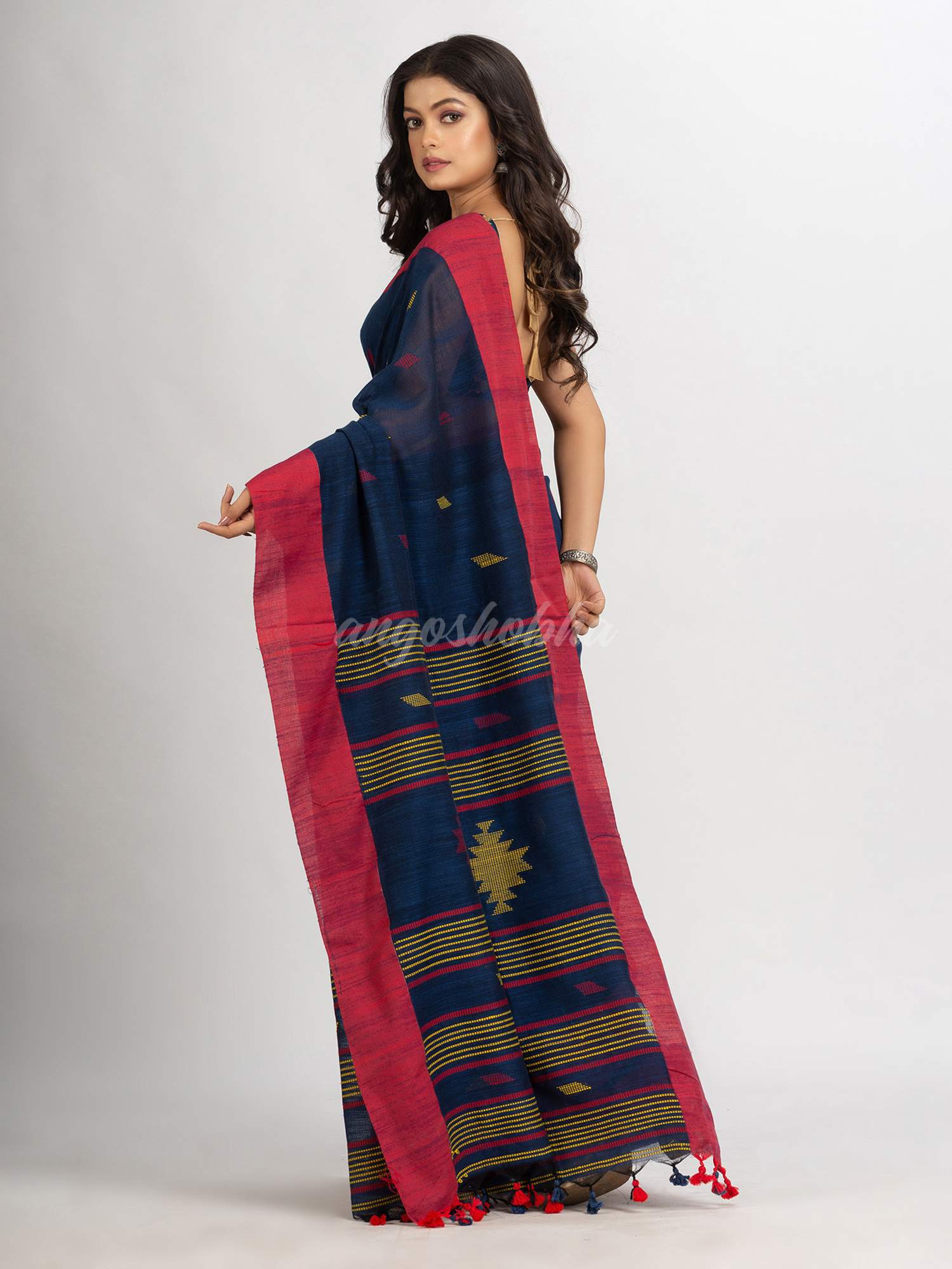 Navy Blue Handwoven Cotton Jamdani handloom Saree