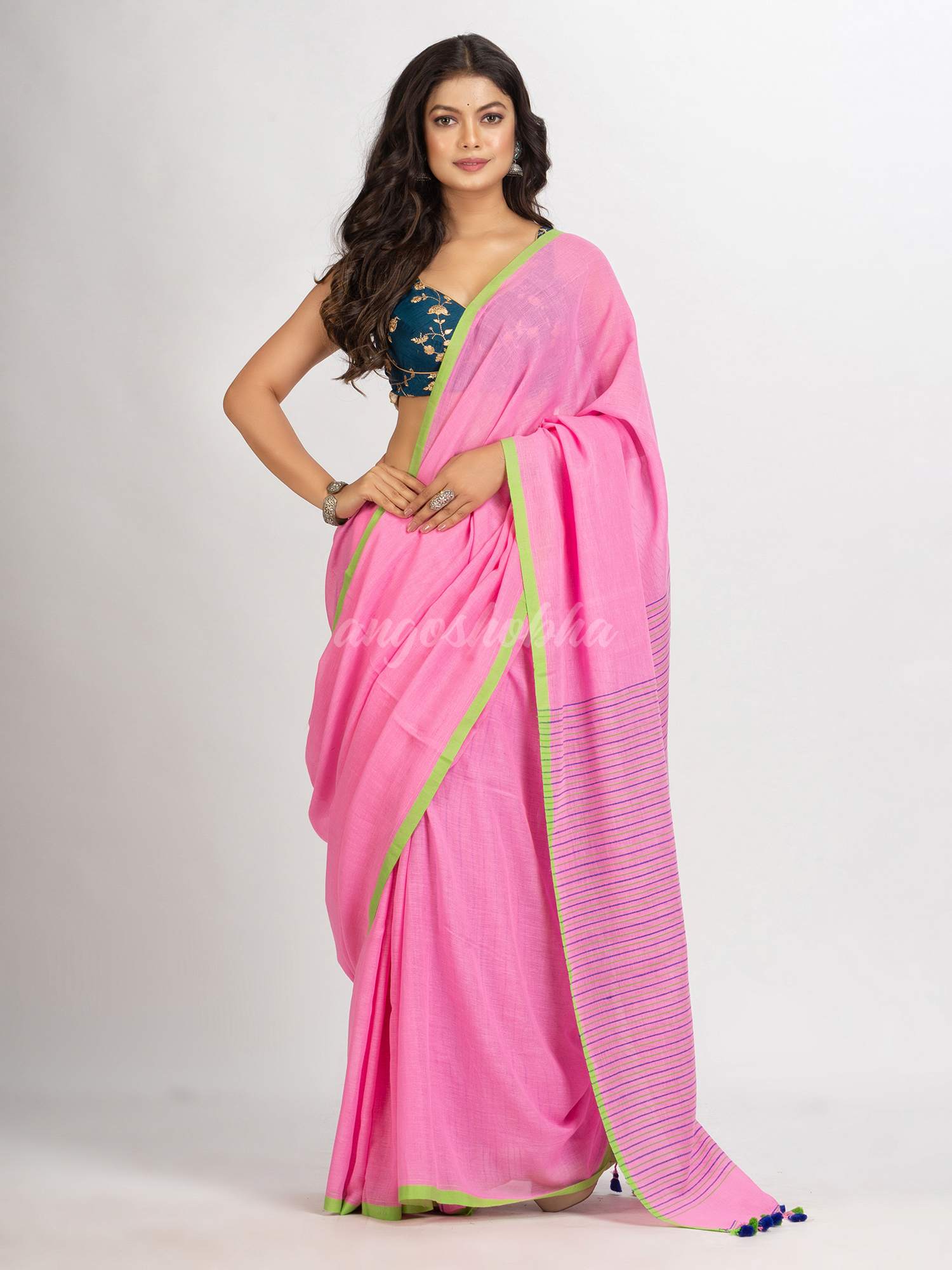 Pink  Handwoven Cotton Stipe handloom Saree