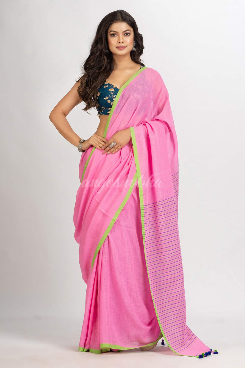 Pink  Handwoven Cotton Stipe handloom Saree