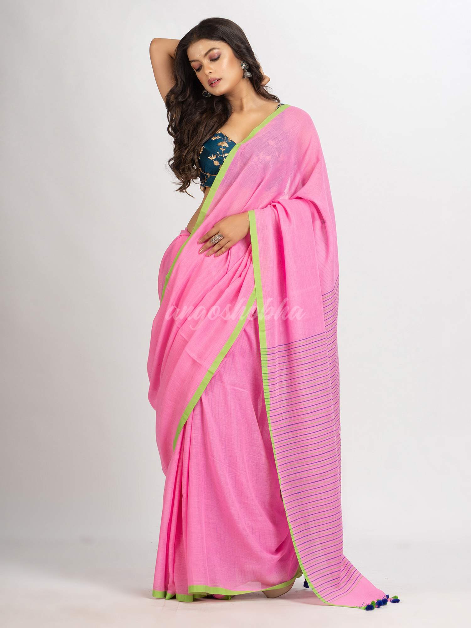 Pink  Handwoven Cotton Stipe handloom Saree