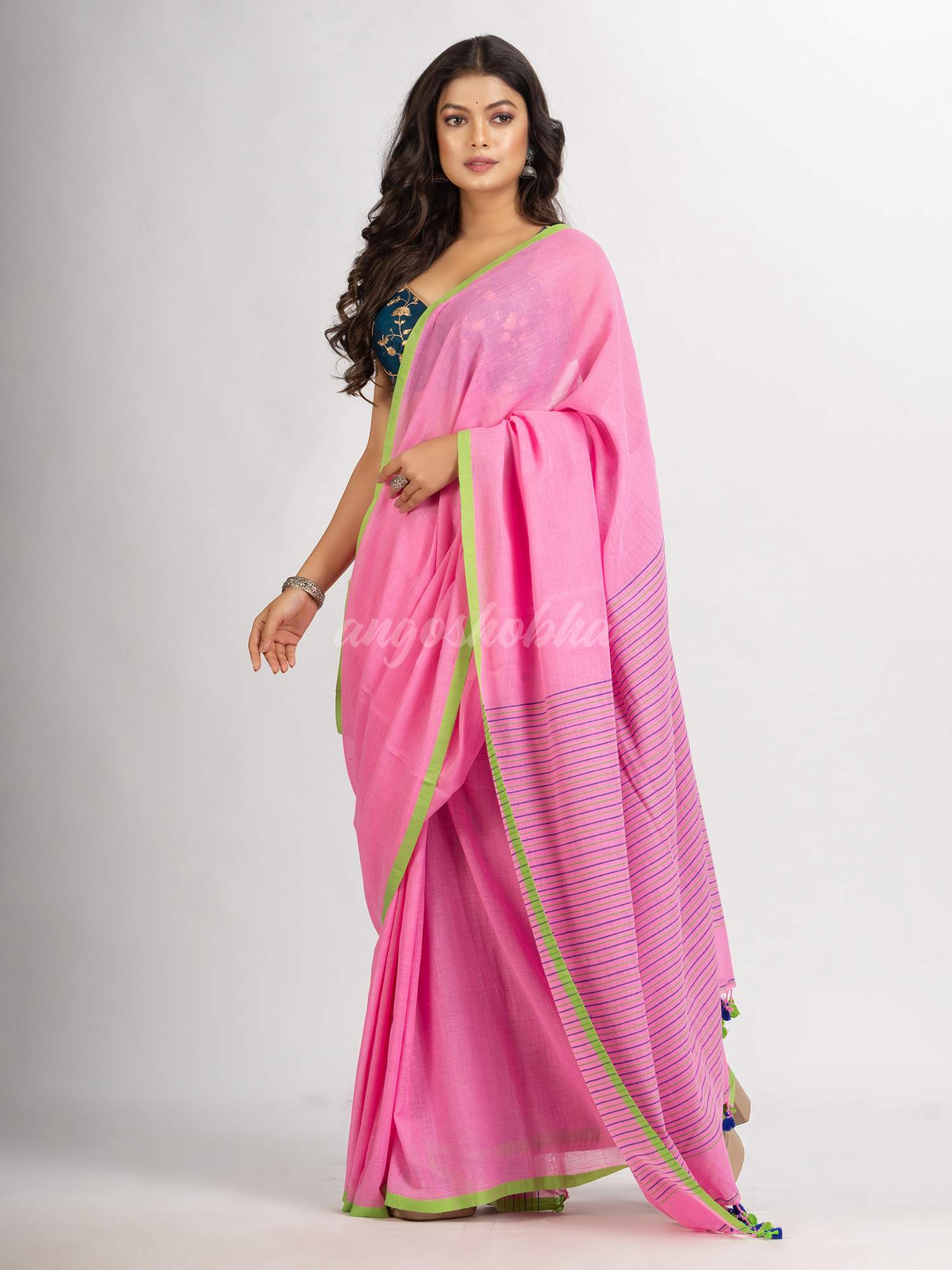 Pink  Handwoven Cotton Stipe handloom Saree