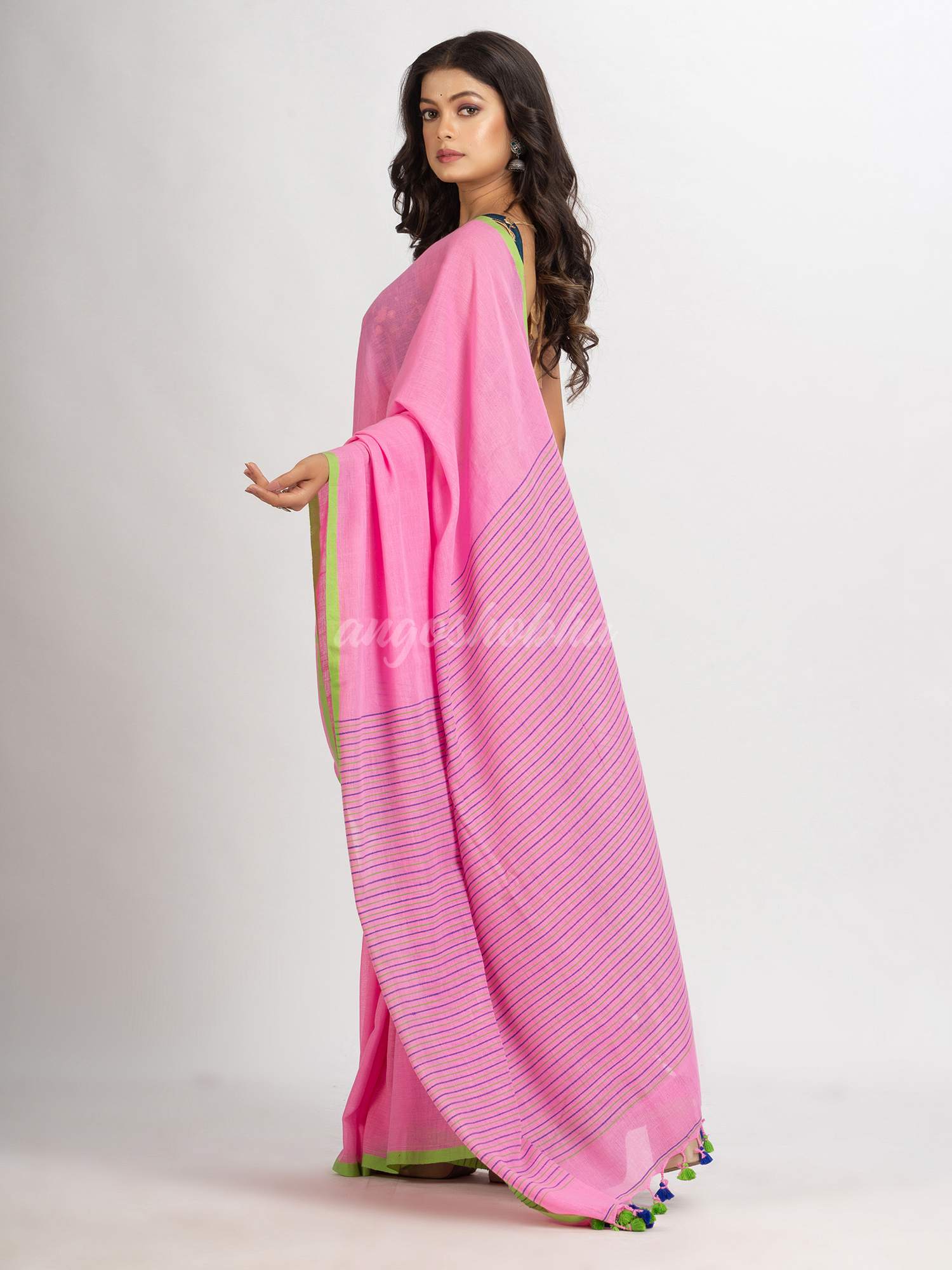 Pink  Handwoven Cotton Stipe handloom Saree