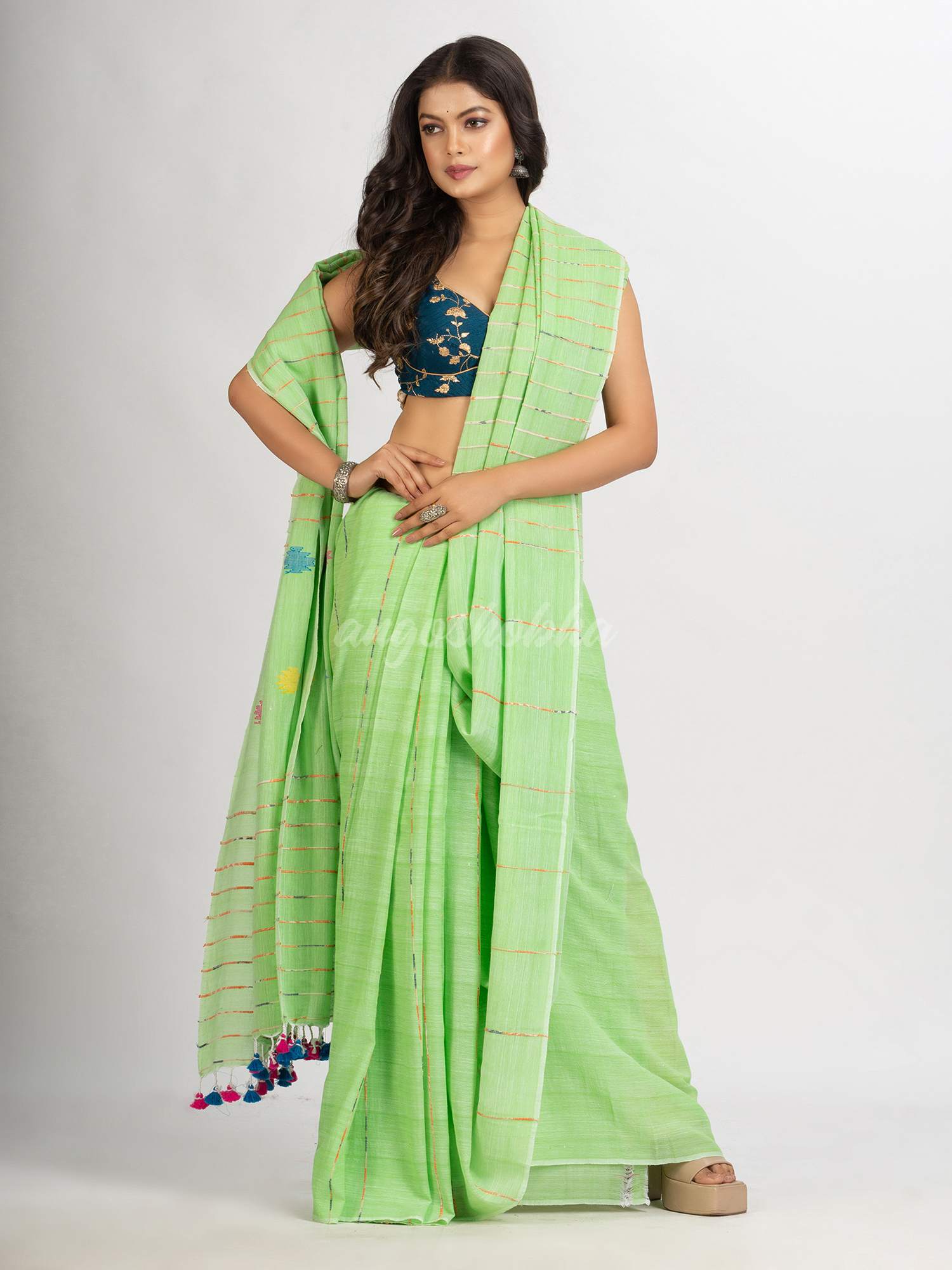 Light Green Handwoven Cotton Jamdani handloom Saree