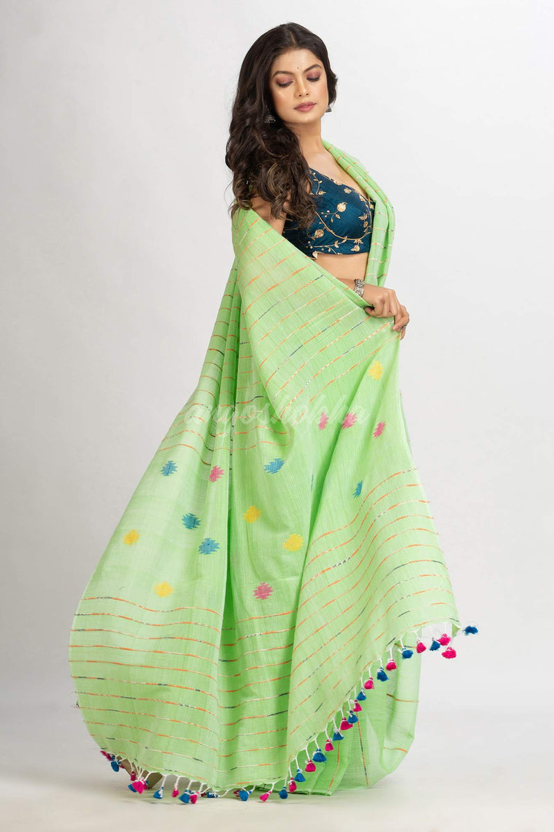 Light Green Handwoven Cotton Jamdani handloom Saree