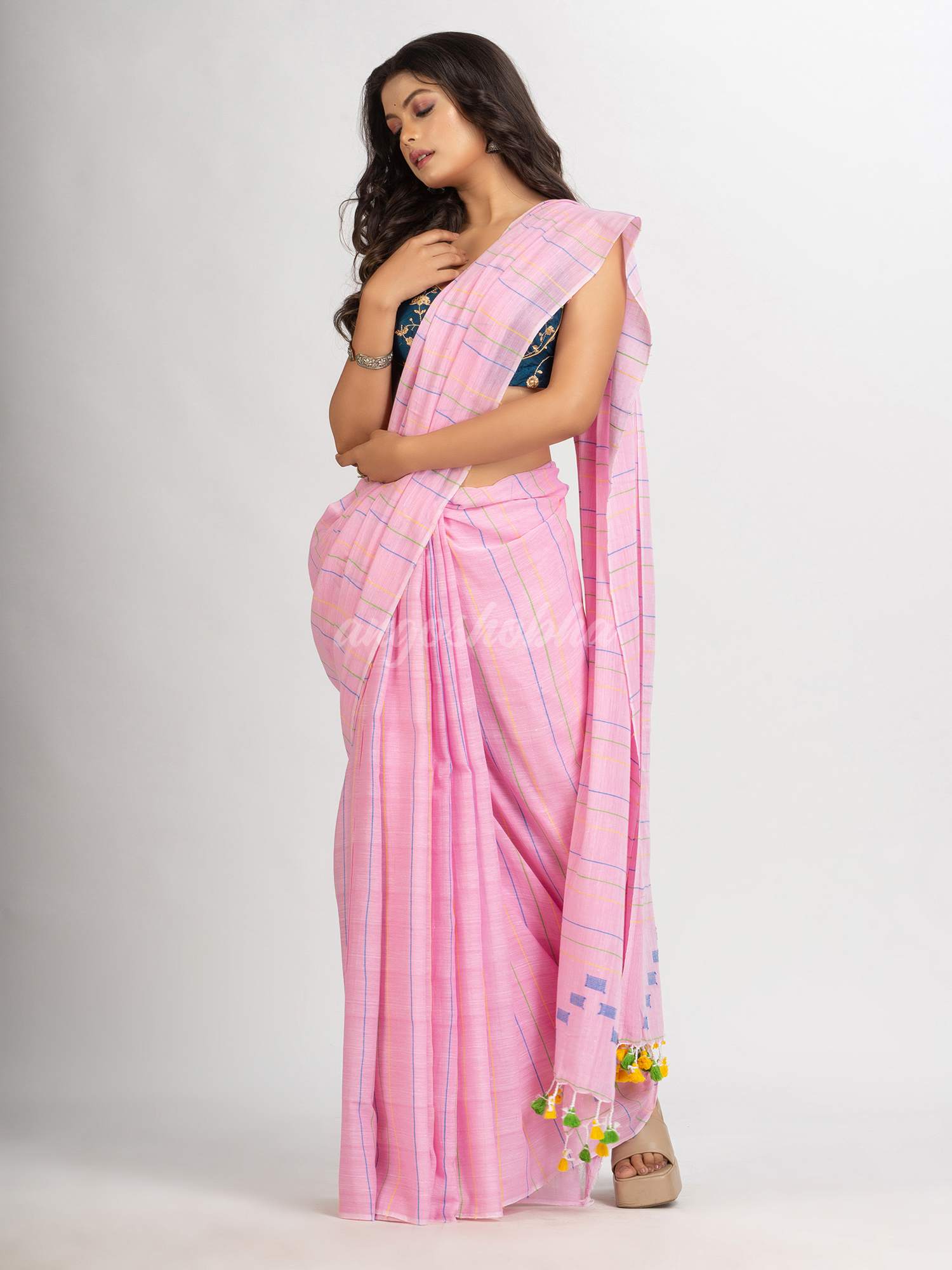 Pink Handwoven Cotton Jamdani  handloom Saree