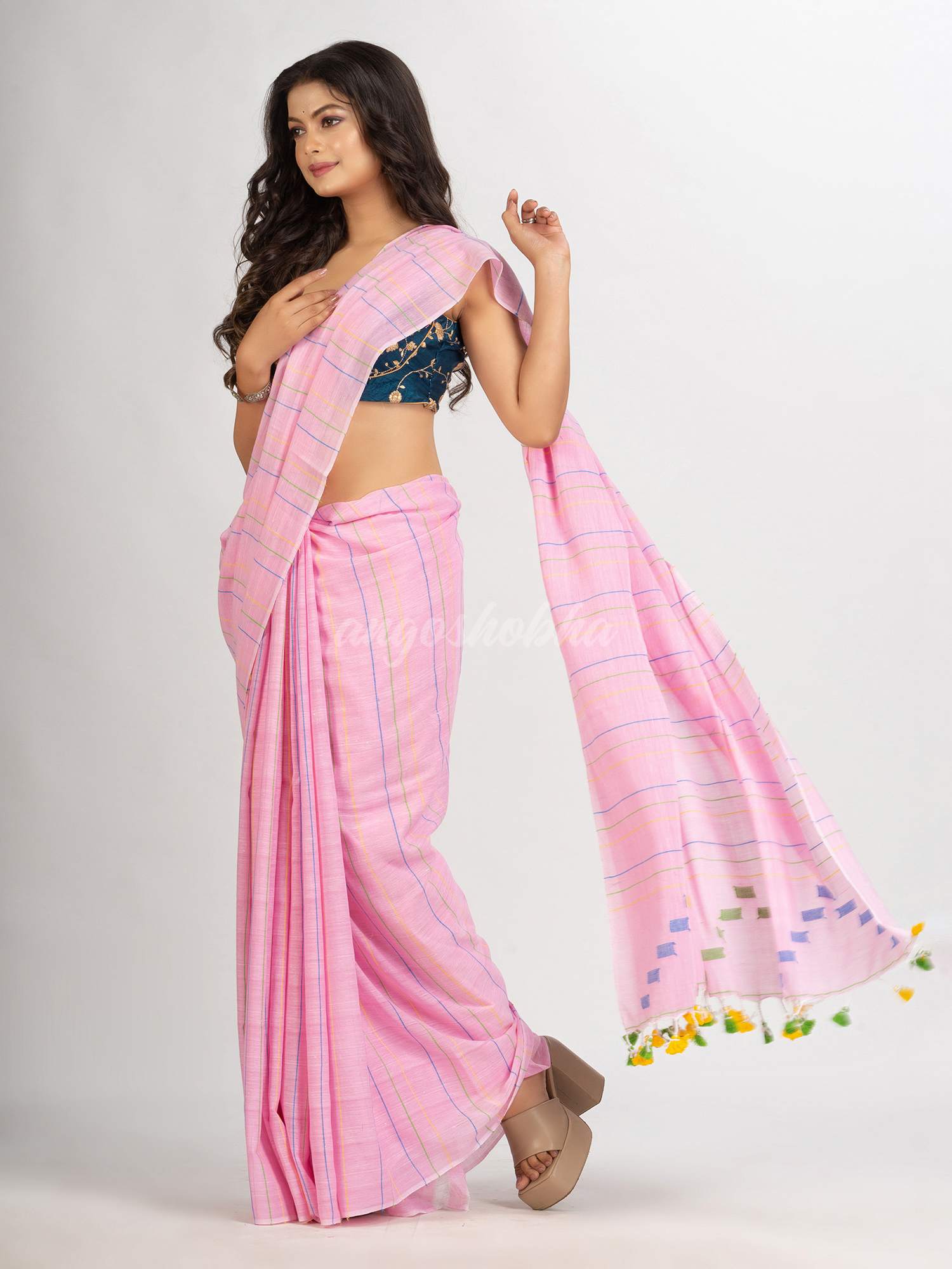 Pink Handwoven Cotton Jamdani  handloom Saree