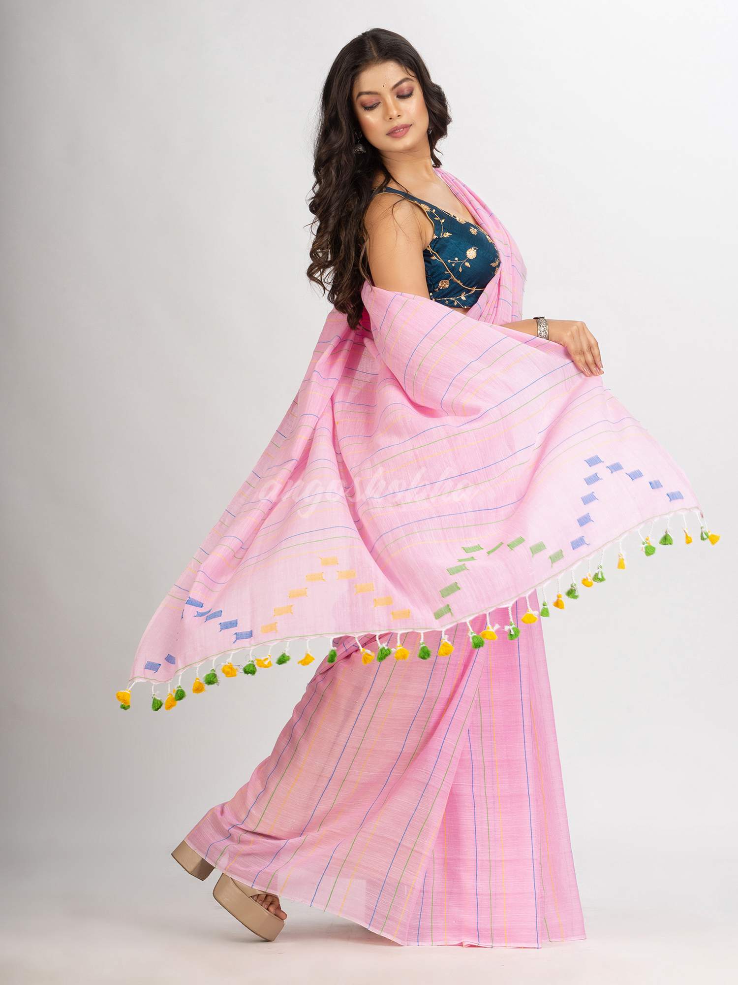 Pink Handwoven Cotton Jamdani  handloom Saree